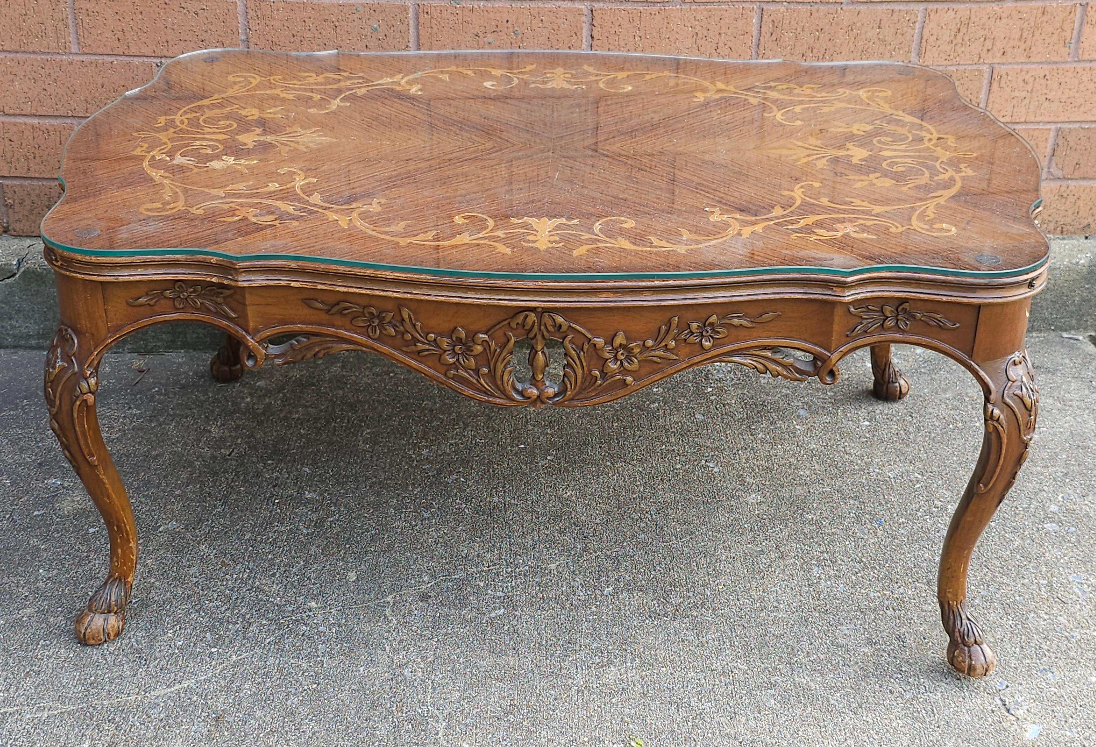 An Edwardian Rococo Style Carved  Satinwood Marquetry Fruitwood Cocktail / coffee Table with Protective Glass top. 
Measures 36