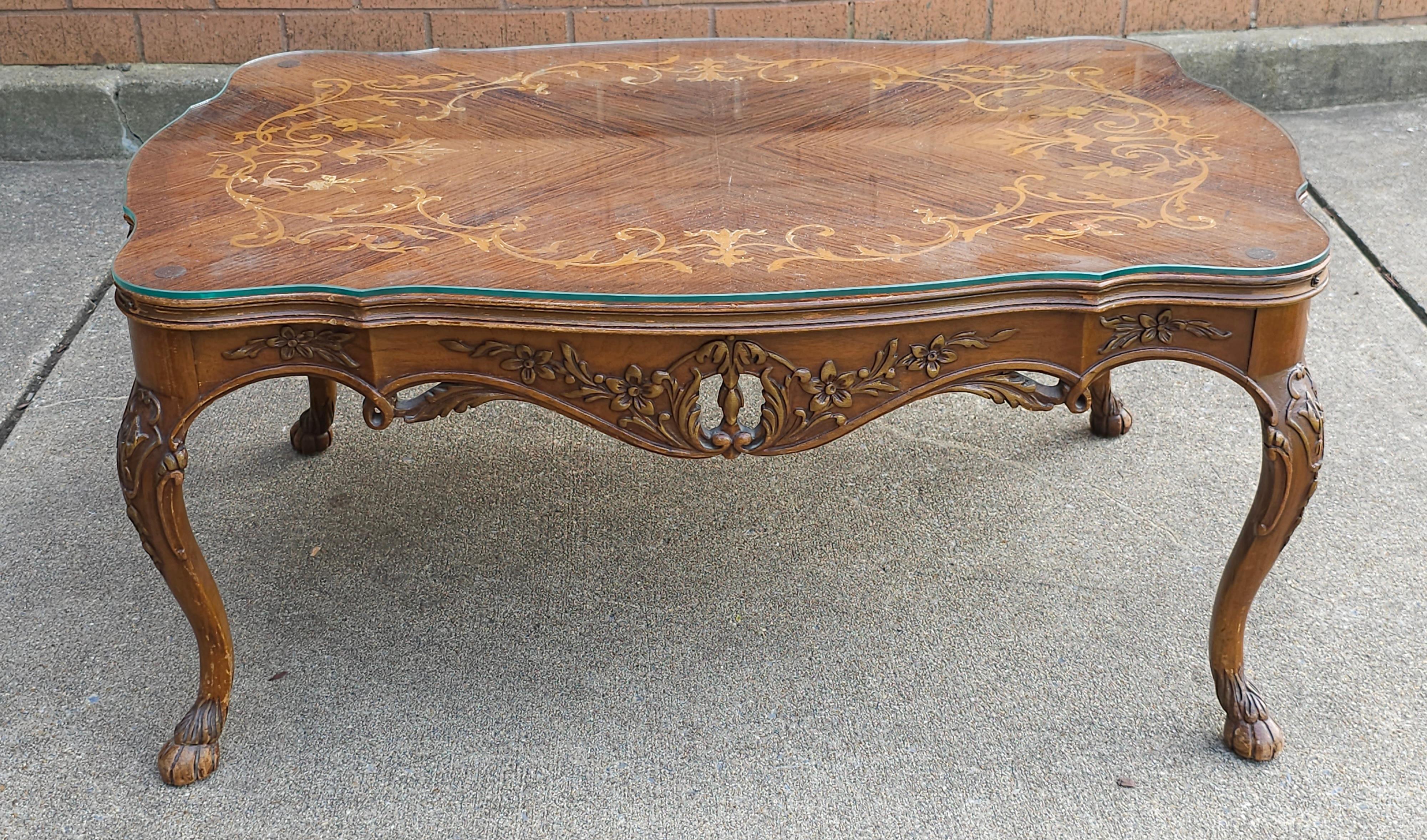 American Edwardian Rococo Style Satinwood Marquetry Cocktail Table with Protective Glass  For Sale