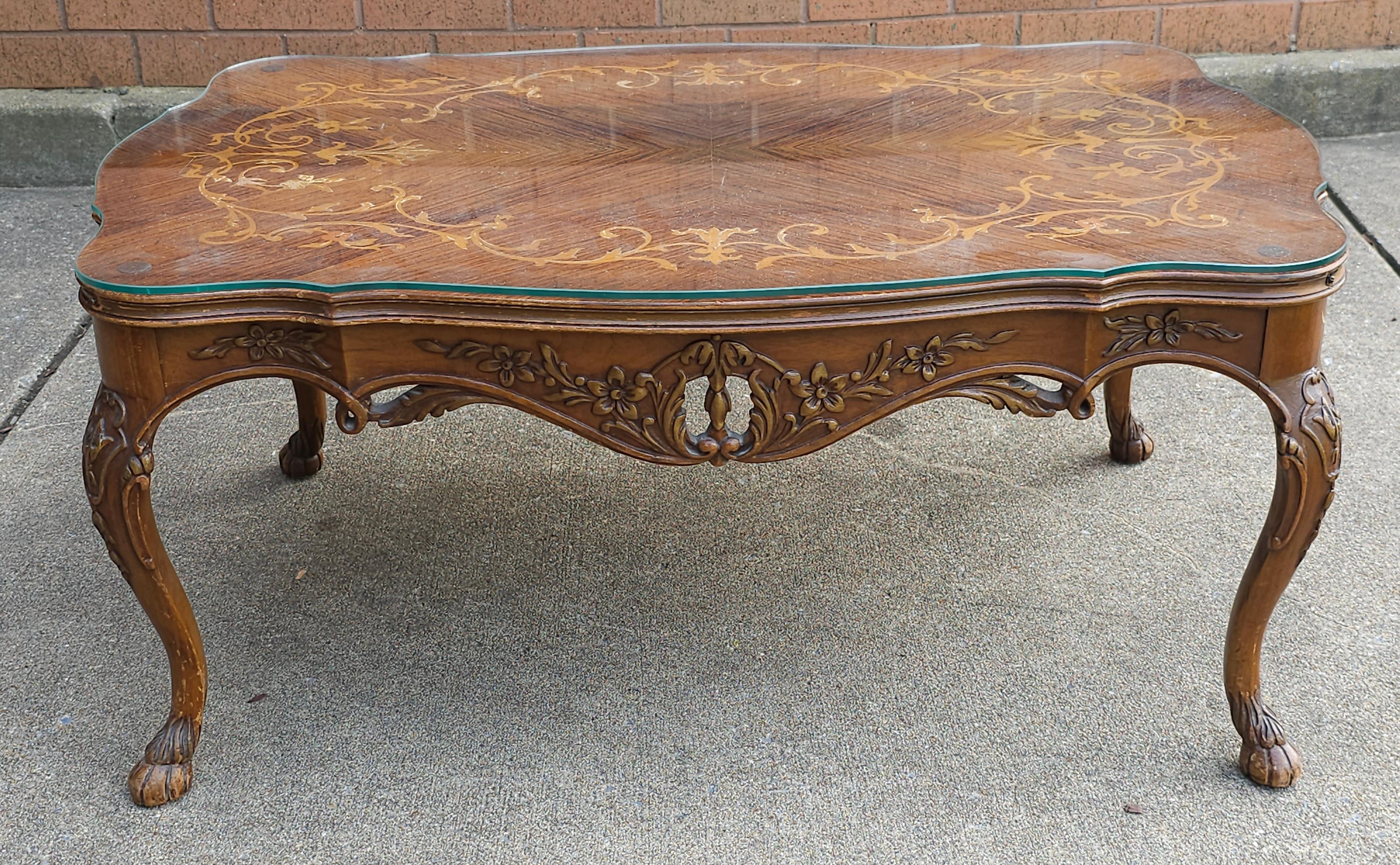 Carved Edwardian Rococo Style Satinwood Marquetry Cocktail Table with Protective Glass  For Sale