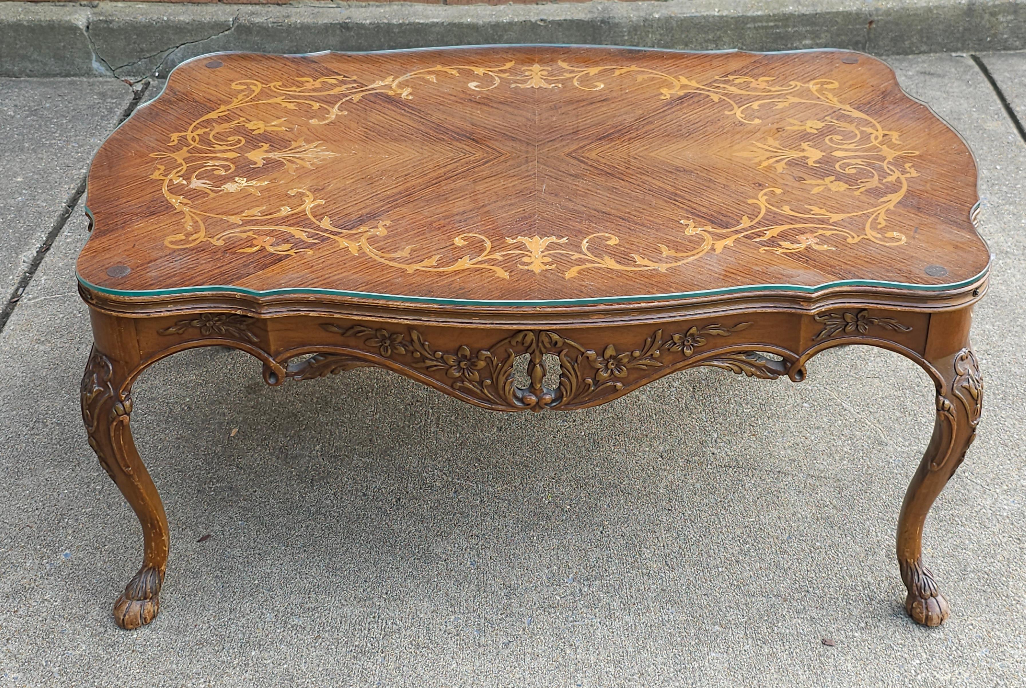 20th Century Edwardian Rococo Style Satinwood Marquetry Cocktail Table with Protective Glass  For Sale