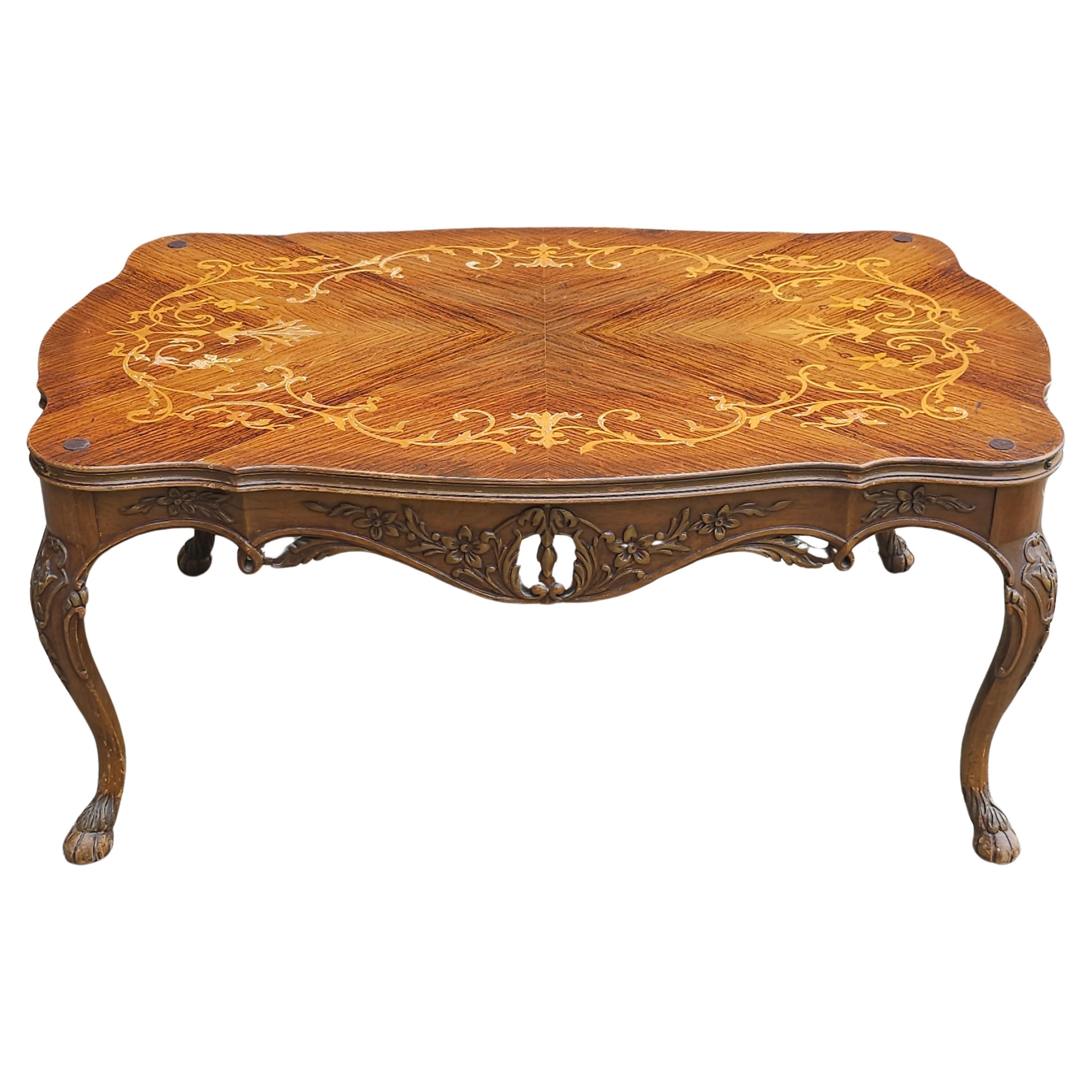 Edwardian Rococo Style Satinwood Marquetry Cocktail Table with Protective Glass  For Sale