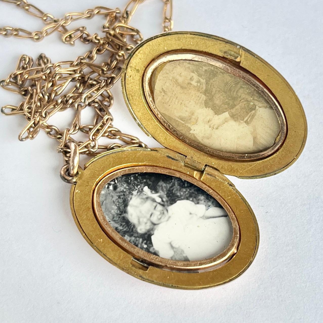 This simple yet beautiful rolled gold locket has two pictures inside. The chain is also rolled gold which means it is coated in a fine layer of gold. Locket still closes securely. 

Locket Dimensions: 32x24mm
Chain Length: 44cm

Weight: 14g