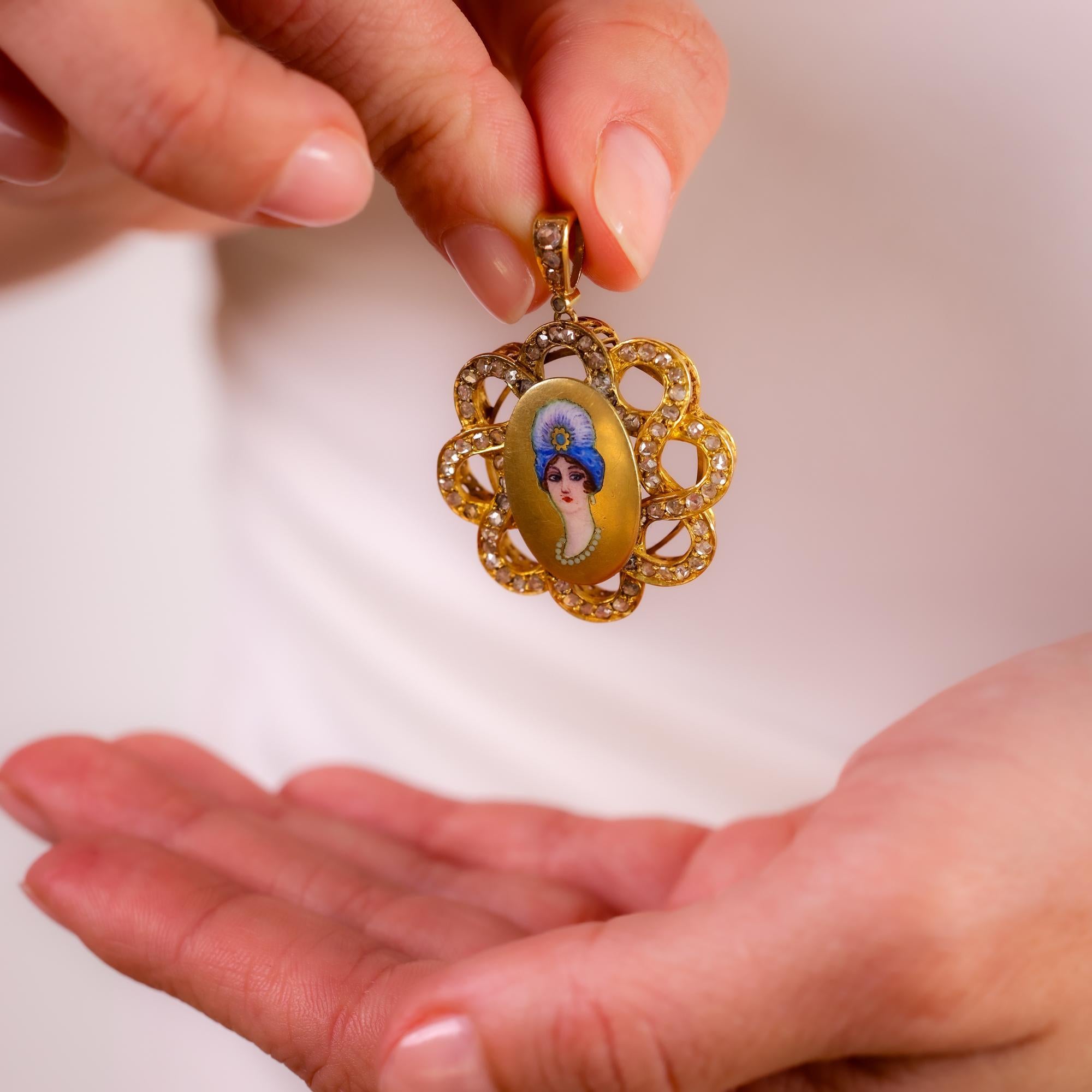 Taille rose Pendentif édouardien en or jaune 18 carats avec diamants taille rose en vente