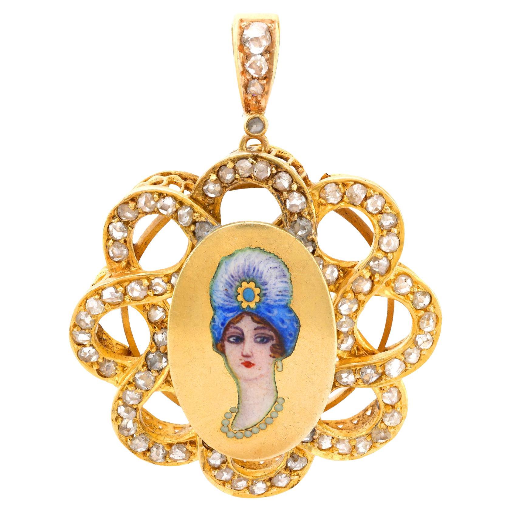 Edwardian rose cut diamond 18k yellow gold pendant
