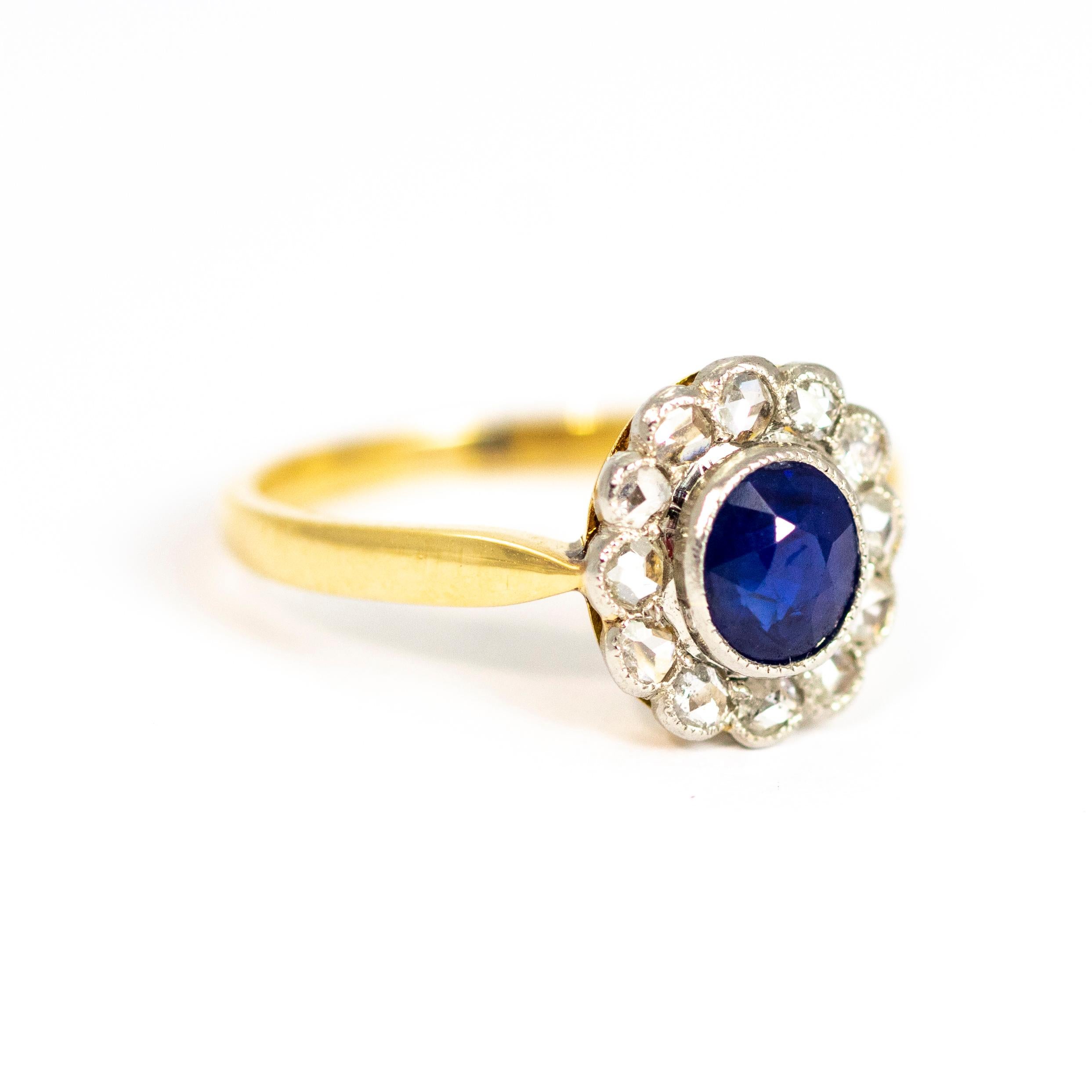 Edwardian Rose Cut Diamond and Sapphire 18 Carat Gold Cluster Ring 2