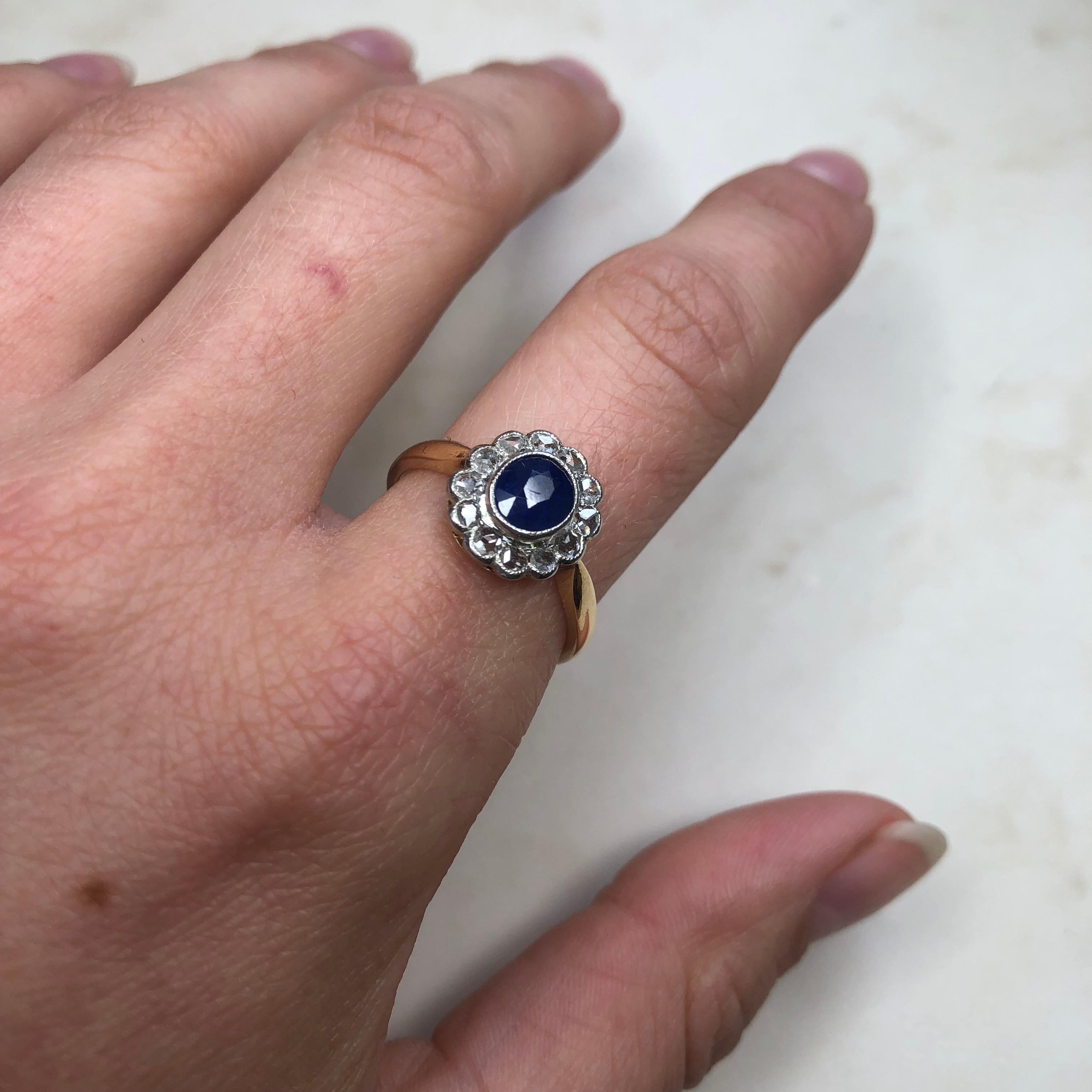 Edwardian Rose Cut Diamond and Sapphire 18 Carat Gold Cluster Ring 4