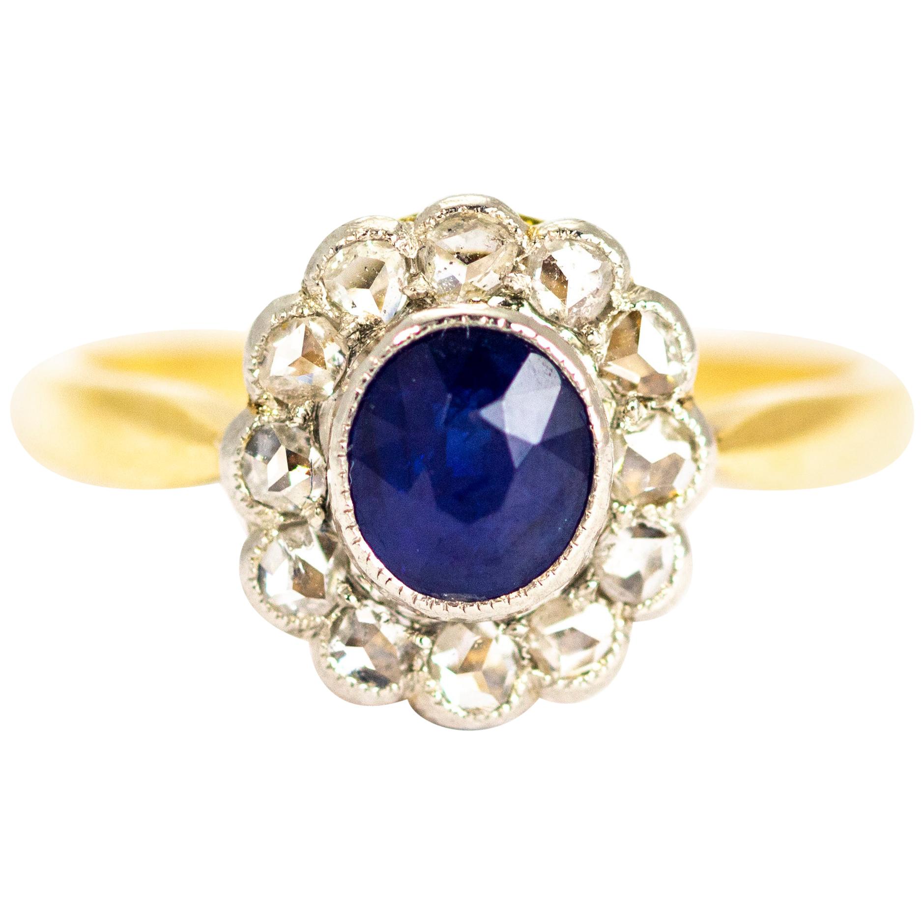 Edwardian Rose Cut Diamond and Sapphire 18 Carat Gold Cluster Ring