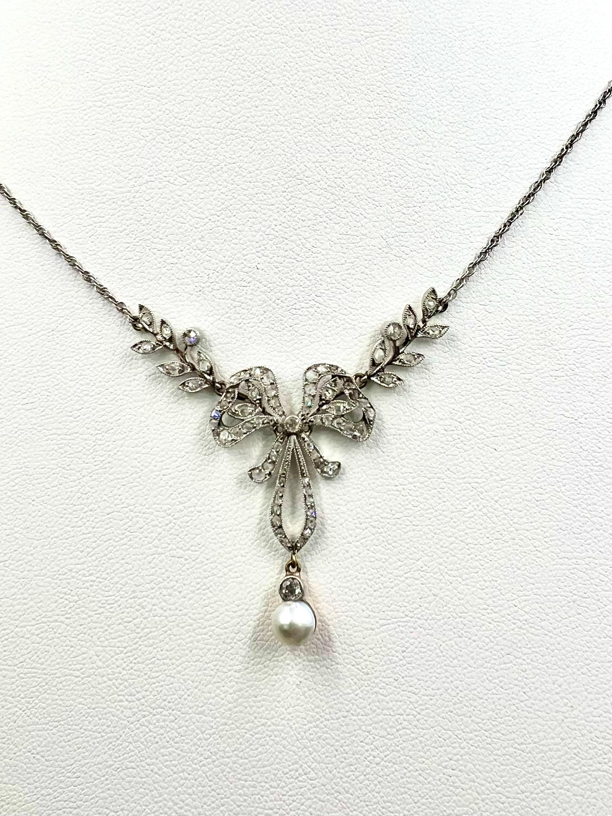 Edwardian Rose Cut Diamond Pearl Bow Necklace  In Good Condition In Los Angeles, CA