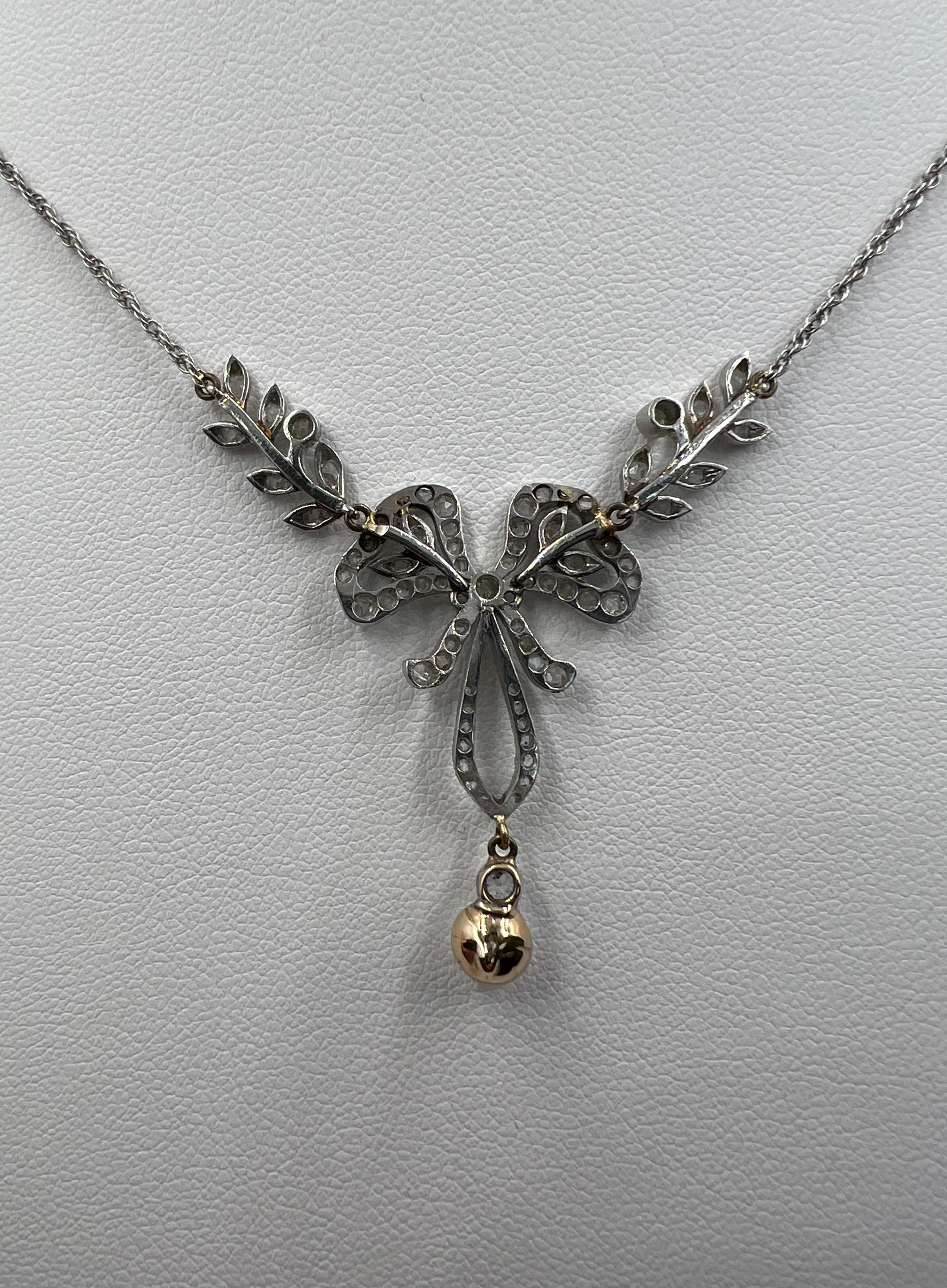 Women's or Men's Edwardian Rose Cut Diamond Pearl Bow Necklace 