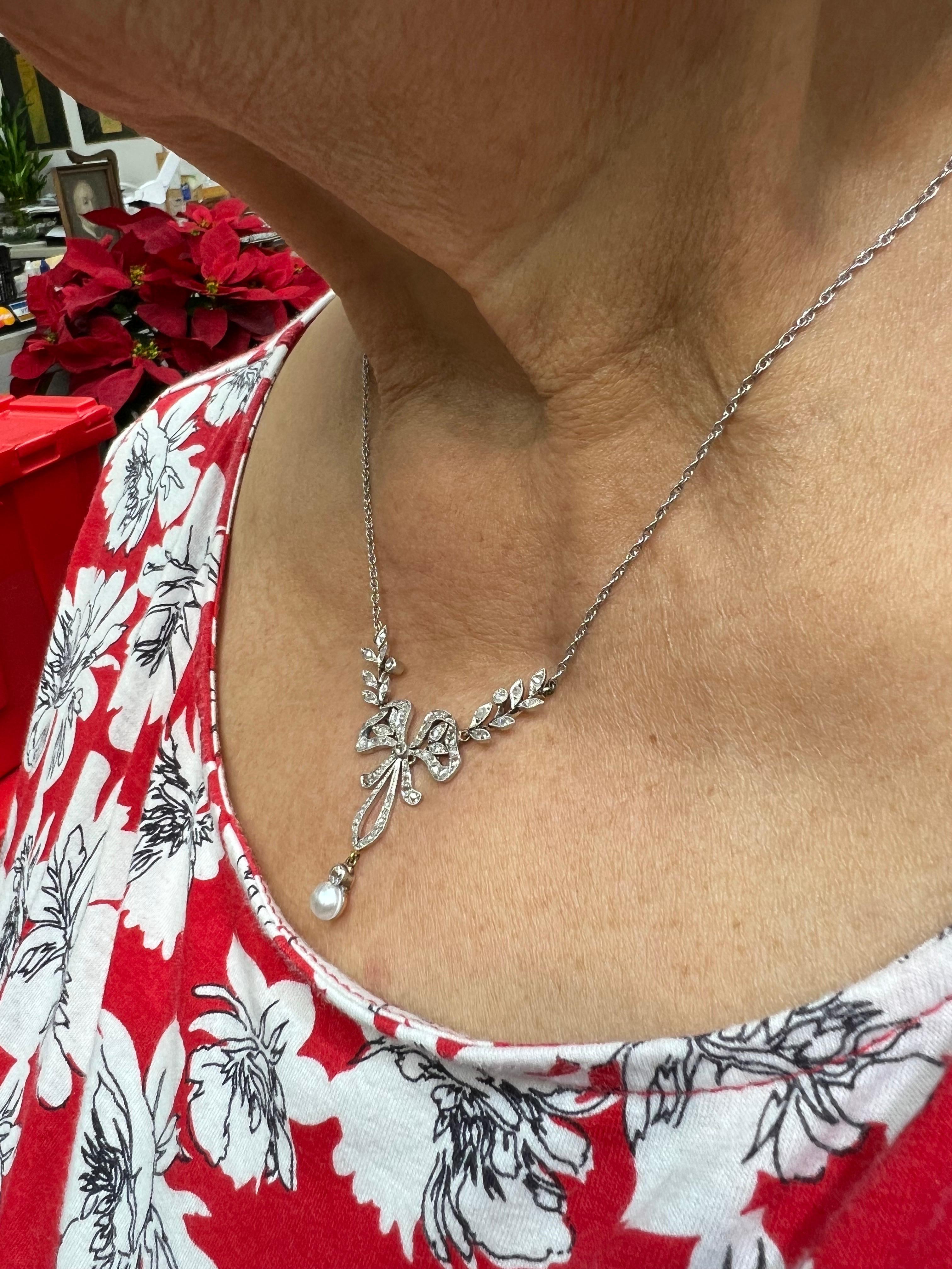 Edwardian Rose Cut Diamond Pearl Bow Necklace  2