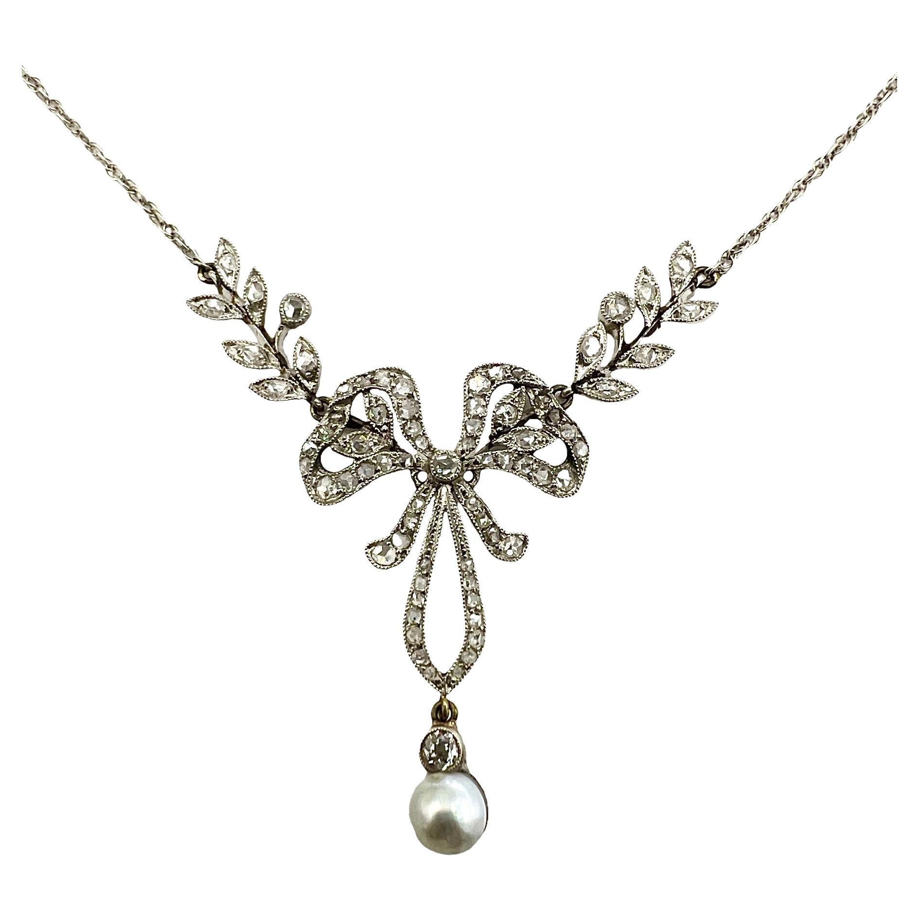 Edwardian Rose Cut Diamond Pearl Bow Necklace 