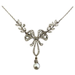 Edwardian Rose Cut Diamant Perle Schleife Halskette 