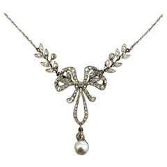 Edwardian Rose Cut Diamond Pearl Bow Necklace