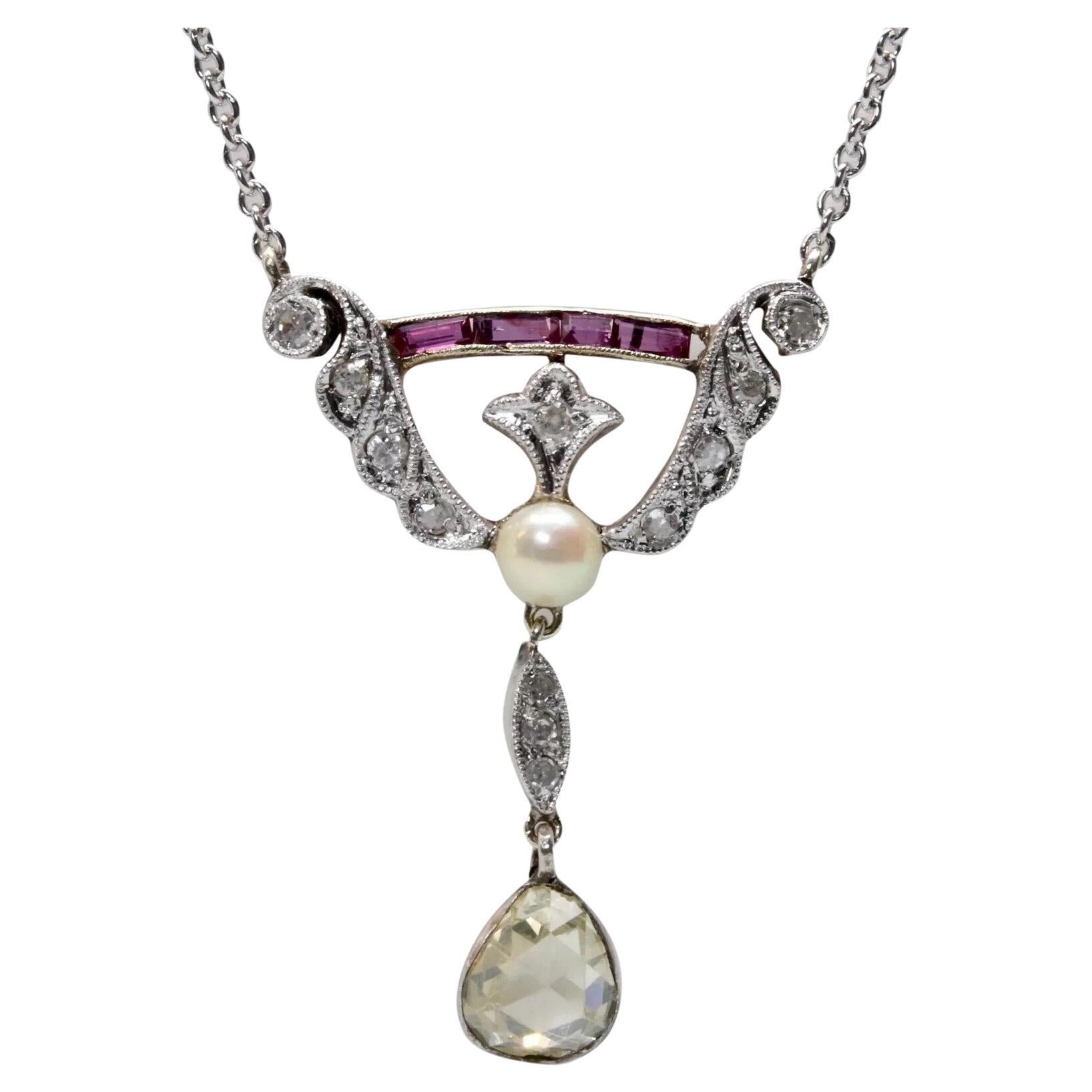 Edwardian Rose Cut Diamond & Ruby Drop Necklace in Platinum For Sale