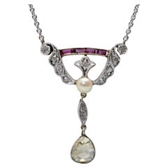Antique Edwardian Rose Cut Diamond & Ruby Drop Necklace in Platinum