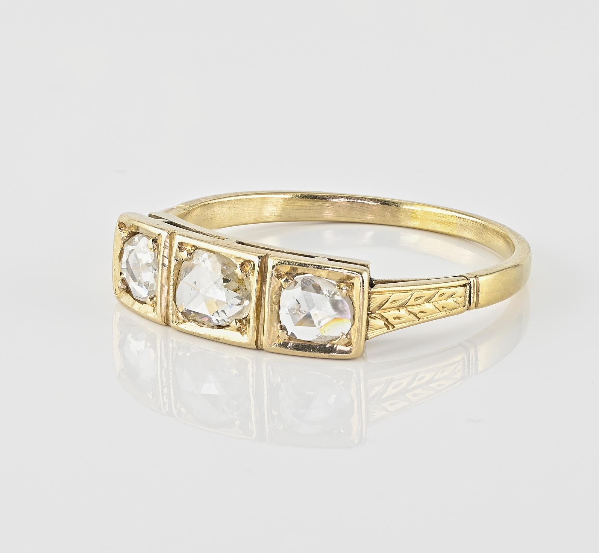 Women's or Men's Edwardian Rose Cut Diamond Trilogy Gent Ring 18 Kt For Sale