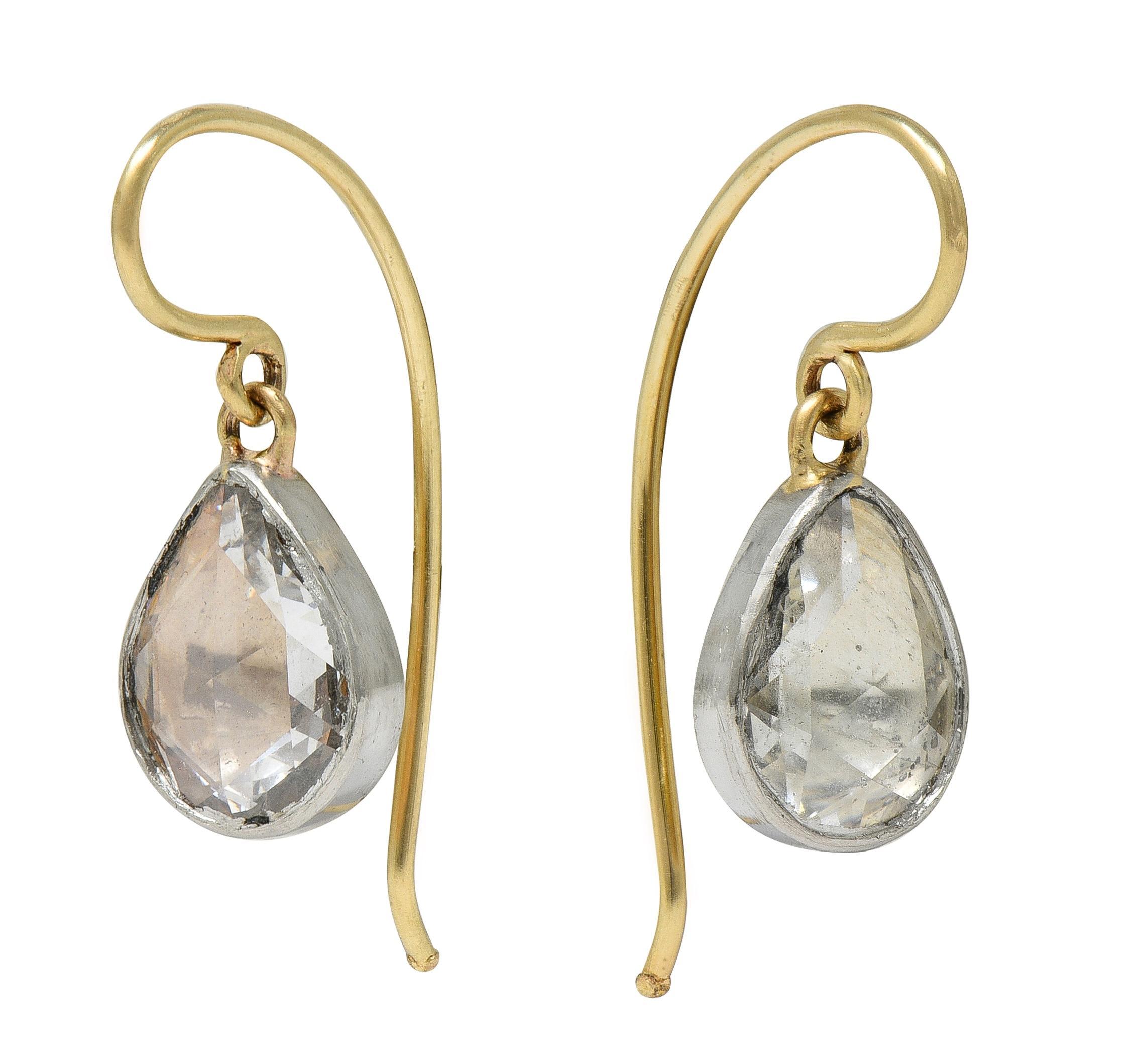 Orecchini a goccia antichi Edwardian Rose Cut Pear Diamond in platino oro 14K In condizioni ottime in vendita a Philadelphia, PA