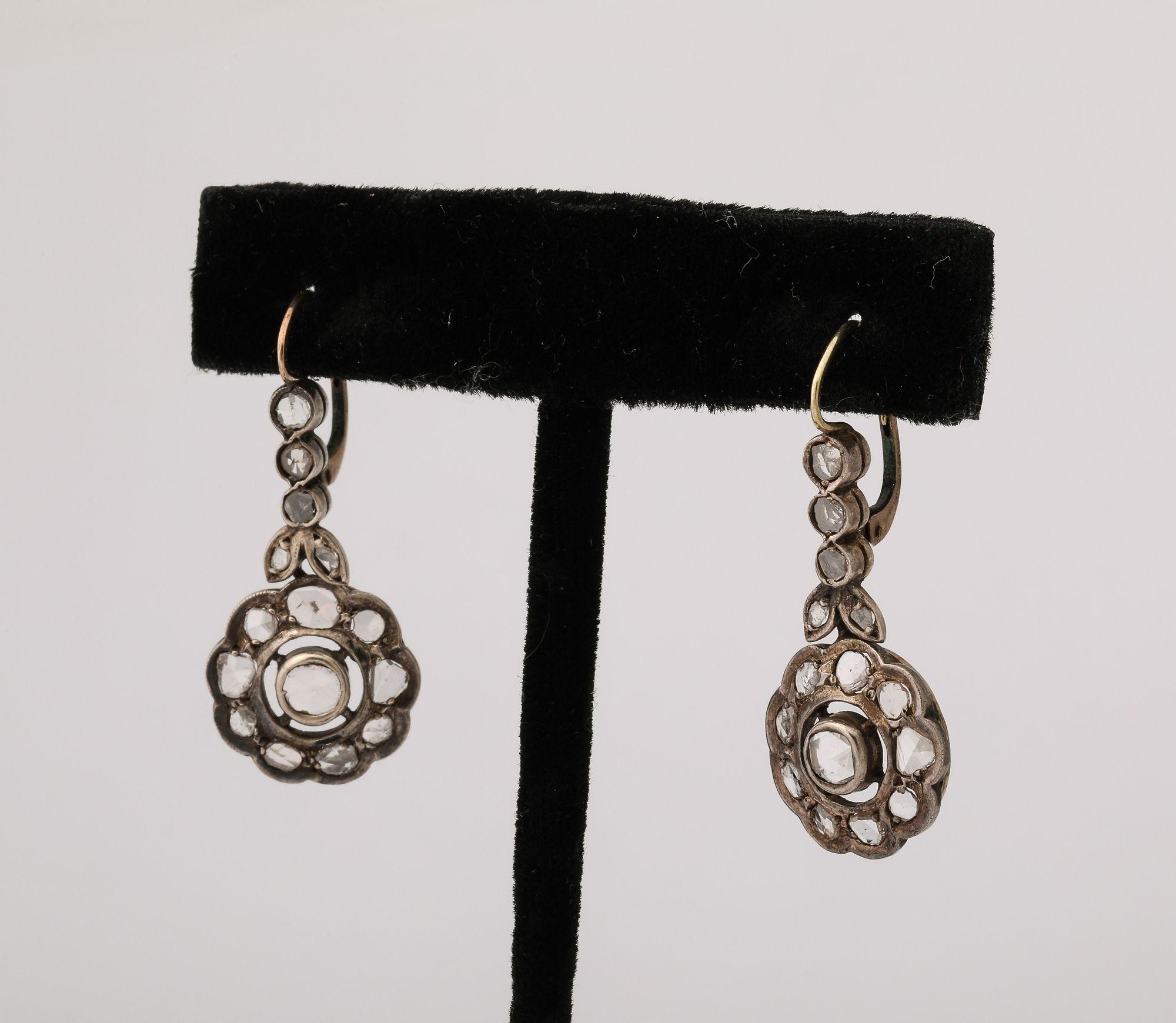 Old European Cut Edwardian Rose Diamond Flower Cluster Earrings For Sale