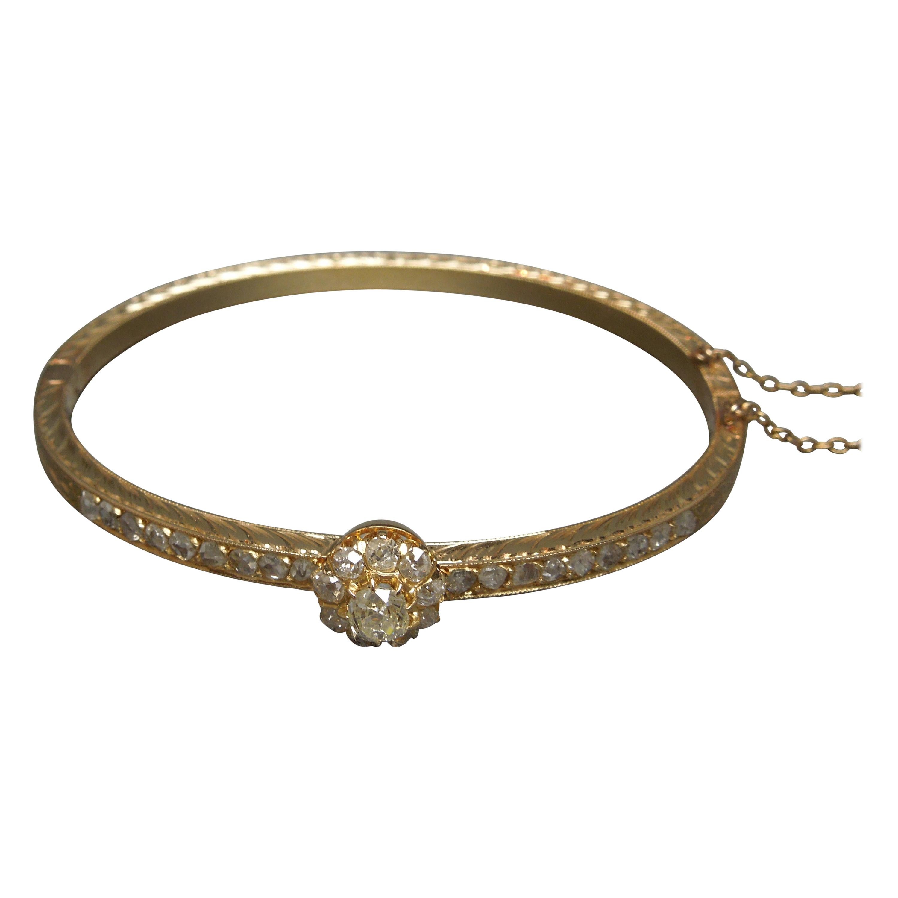 Edwardian Rose Gold Old European Cut Diamond Bangle Bracelet For Sale