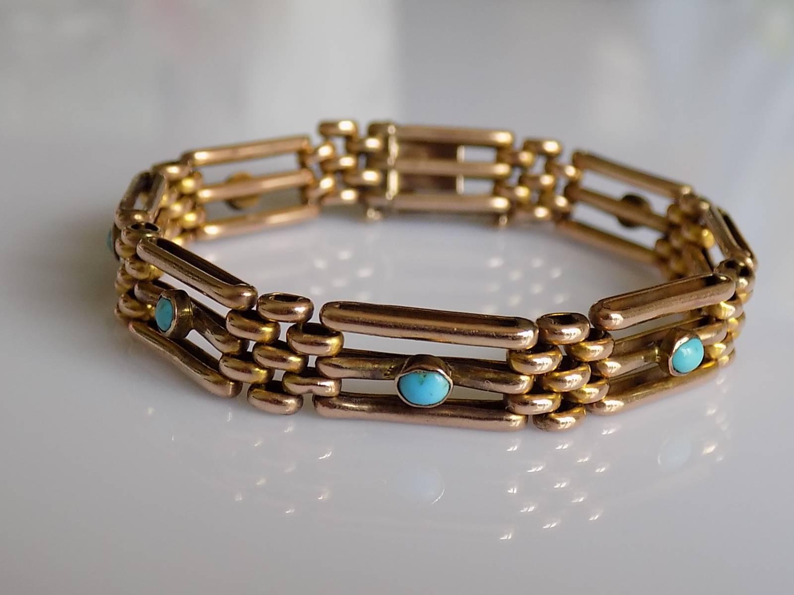 Edwardian Rose Gold Turquoise Gate Bracelet In Good Condition In Boston, Lincolnshire