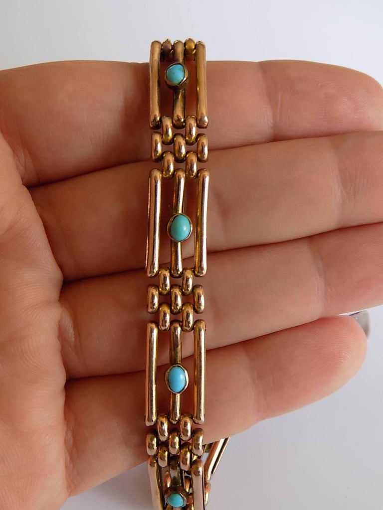 Edwardian Rose Gold Turquoise Gate Bracelet at 1stDibs