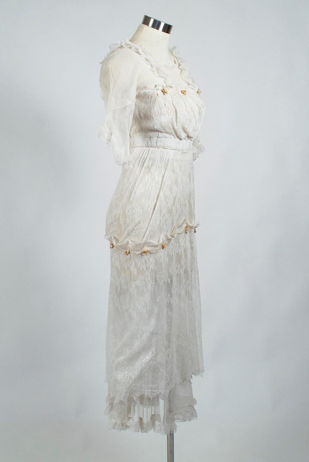 Weißes weißes edwardianisches Netz Rosenknospen-Nacht-Tee- oder Brautkleid - XXS, frühe 1900er Jahre (Grau) im Angebot