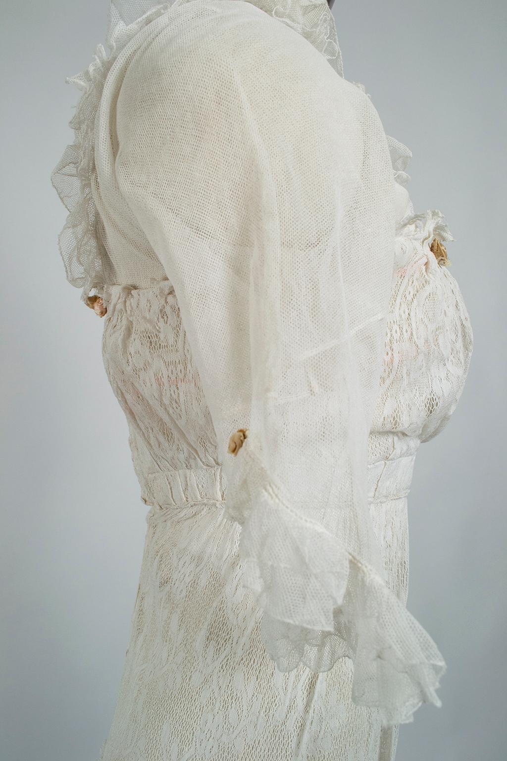 Weißes weißes edwardianisches Netz Rosenknospen-Nacht-Tee- oder Brautkleid - XXS, frühe 1900er Jahre im Angebot 2