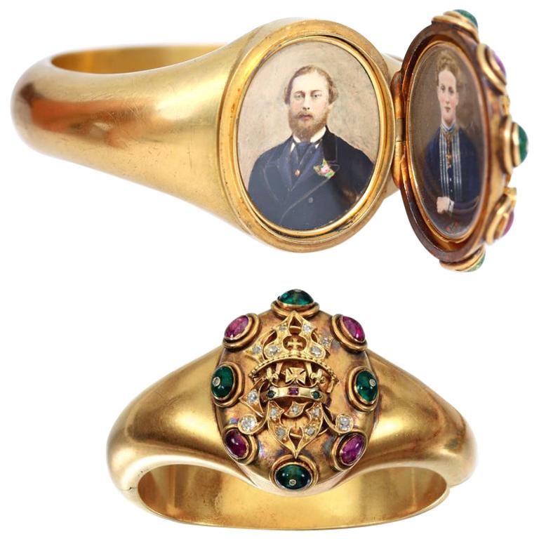 Edwardian Rubies Emeralds 18K Gold Bangle King Edward Queen Alexandra Portraits