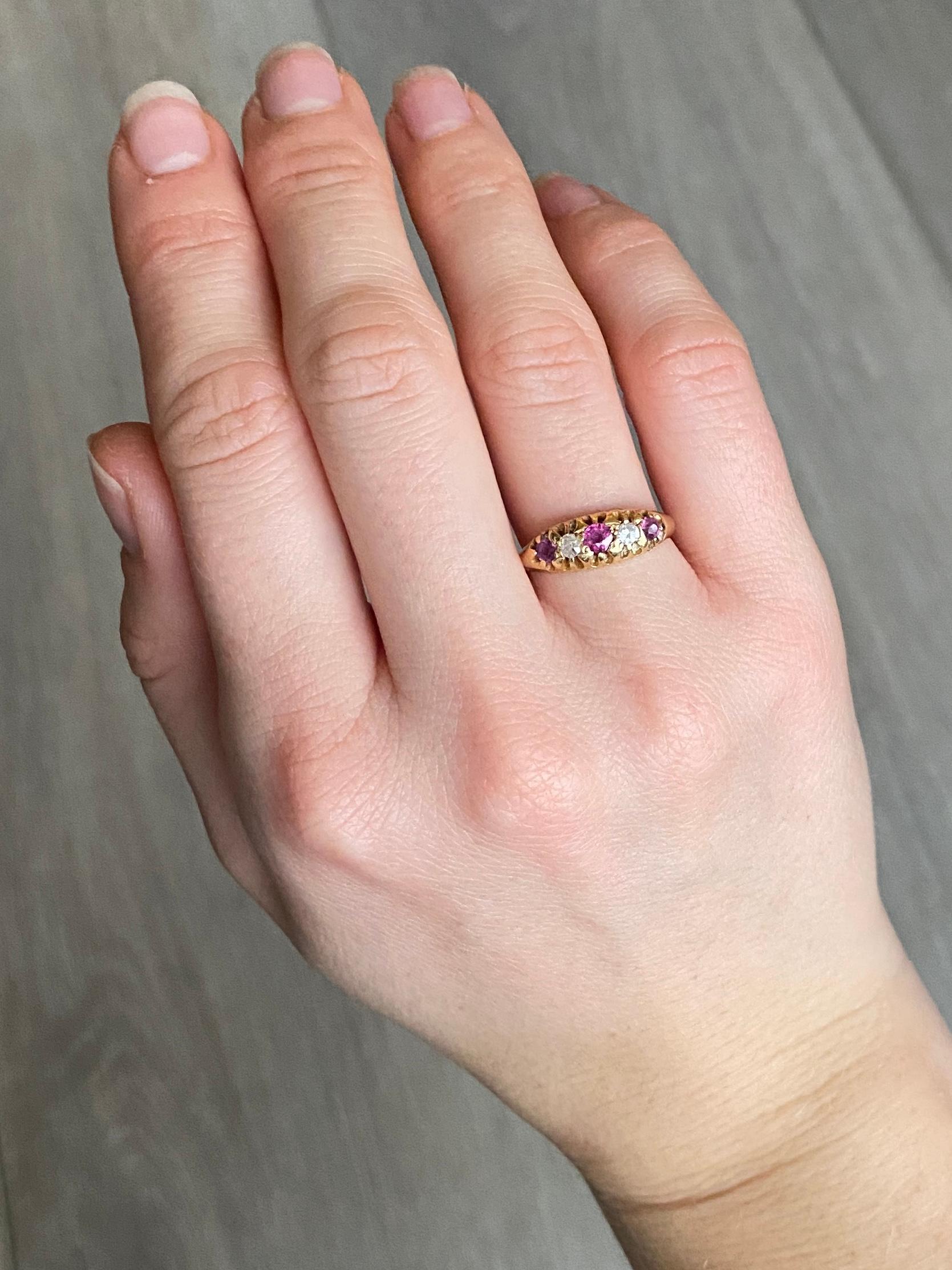 Round Cut Edwardian Ruby and Diamond 18 Carat Gold Five-Stone Ring