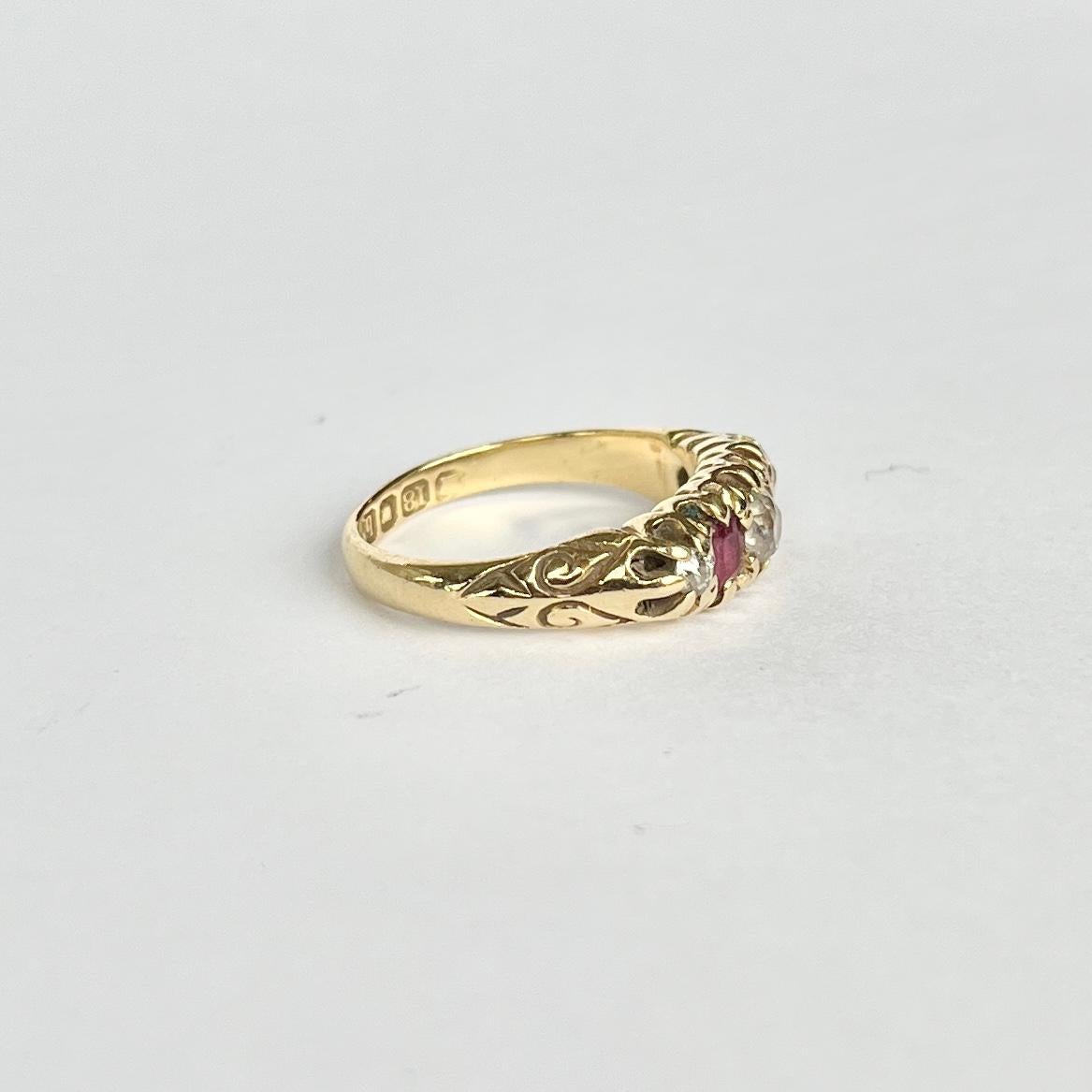 Women's Edwardian Ruby and Diamond 18 Carat Gold Five-Stone Ring For Sale