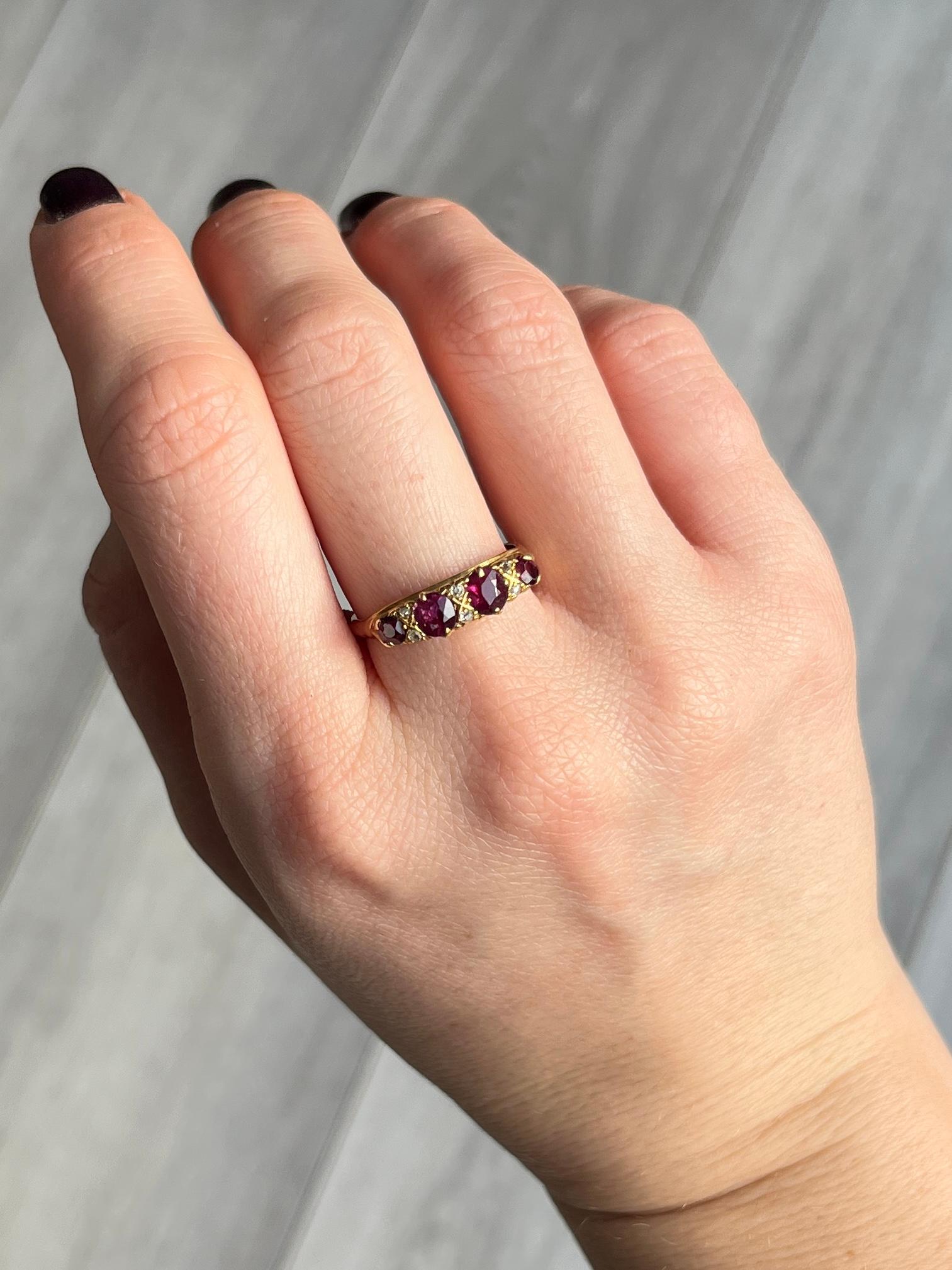 Round Cut Edwardian Ruby and Diamond 18 Carat Gold Four-Stone Ring For Sale