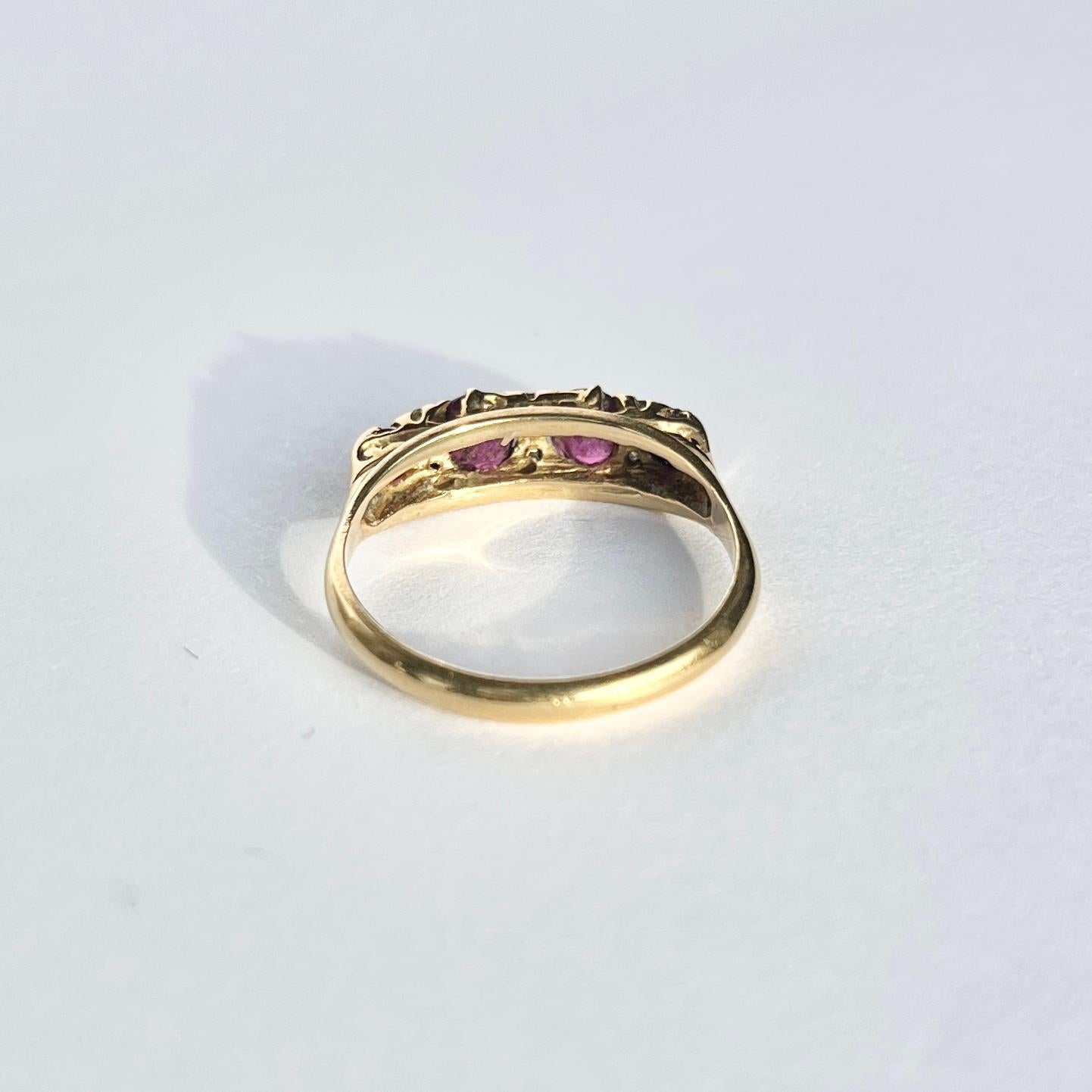 Edwardian Ruby and Diamond 18 Carat Gold Four-Stone Ring In Good Condition For Sale In Chipping Campden, GB