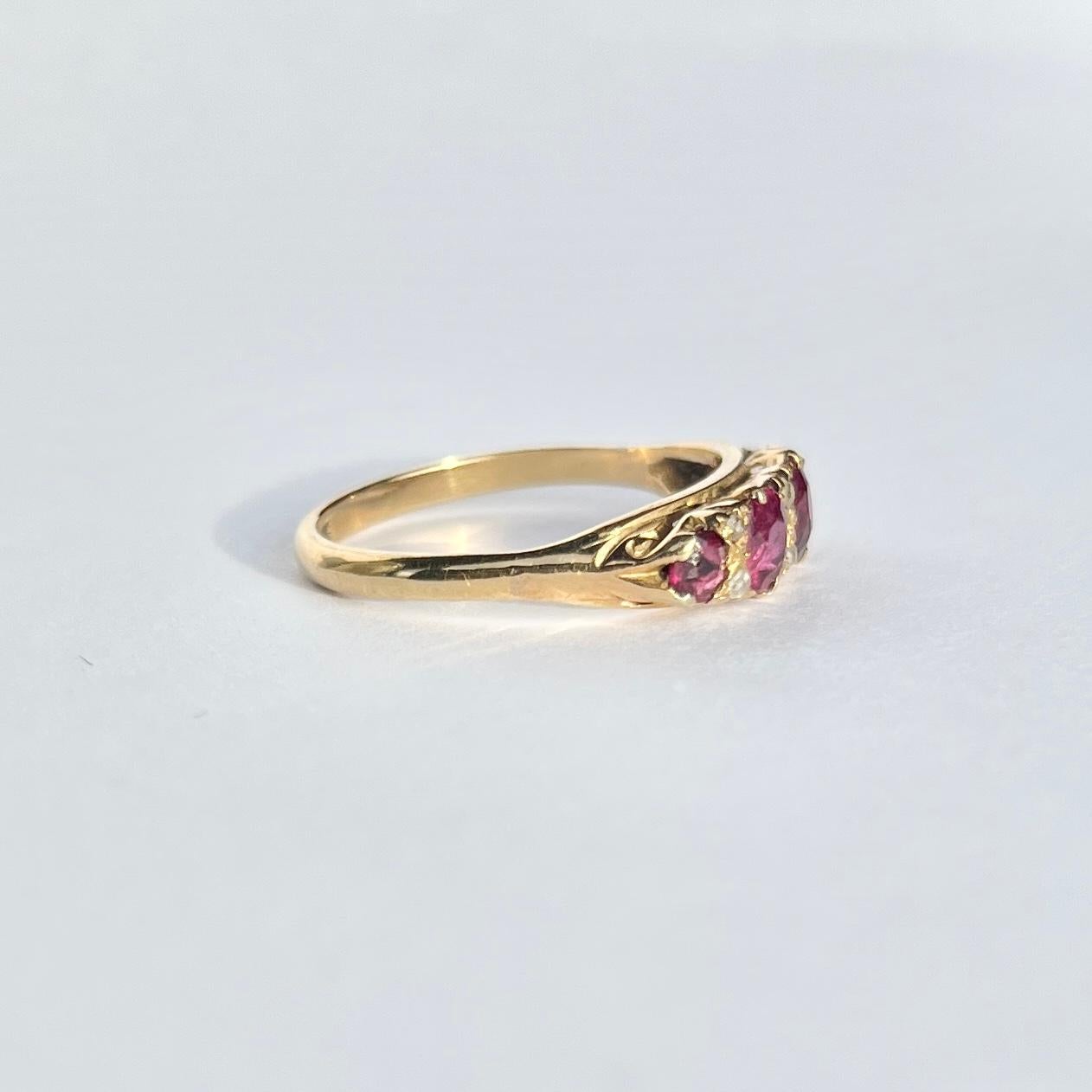 Women's Edwardian Ruby and Diamond 18 Carat Gold Four-Stone Ring For Sale