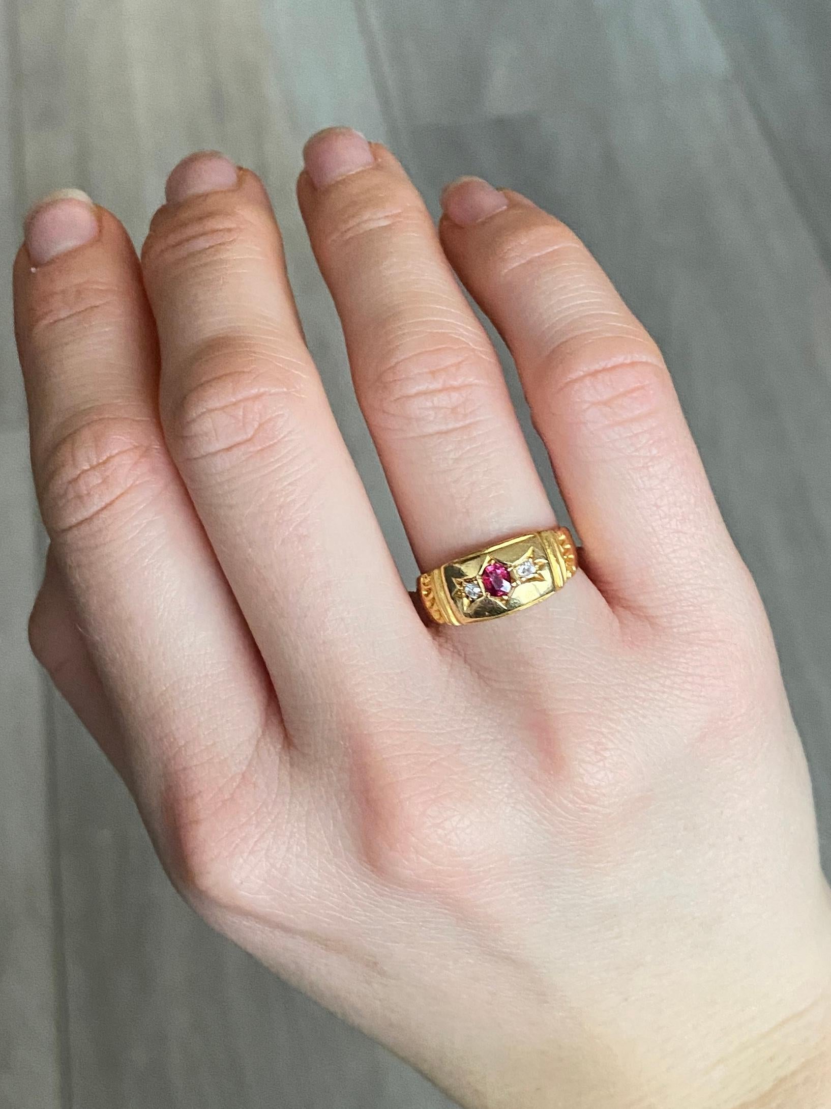 Round Cut Edwardian Ruby and Diamond 18 Carat Gold Three-Stone Band