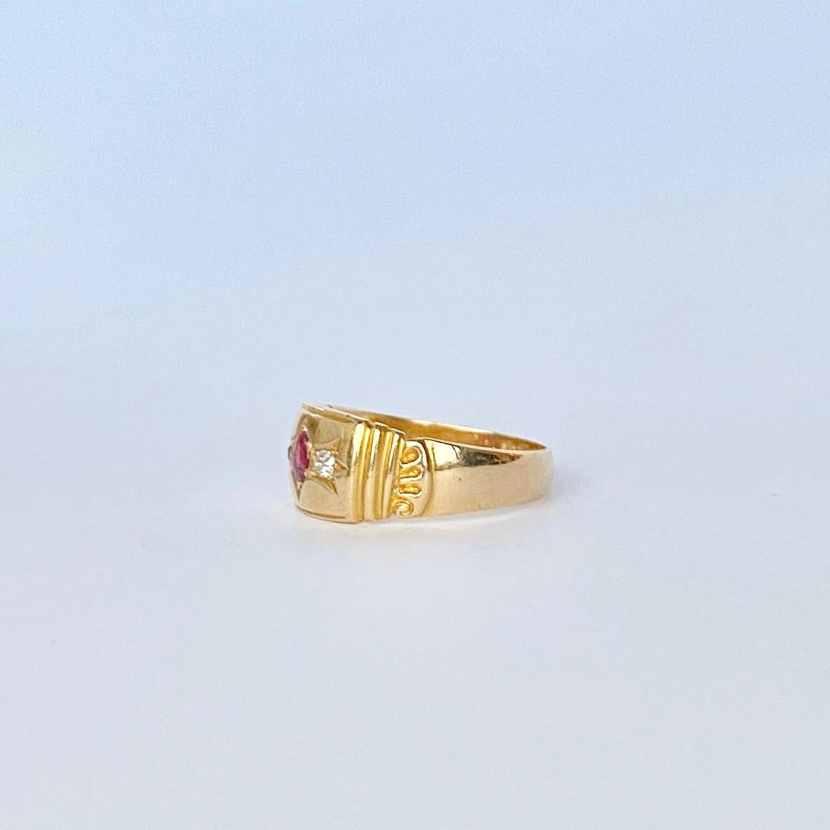 Women's or Men's Edwardian Ruby and Diamond 18 Carat Gold Three-Stone Band