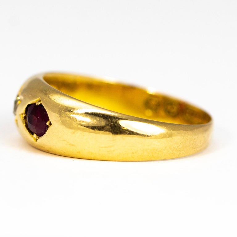 Modern Edwardian Ruby and Diamond 18 Carat Gold Three-Stone Gypsy Ring