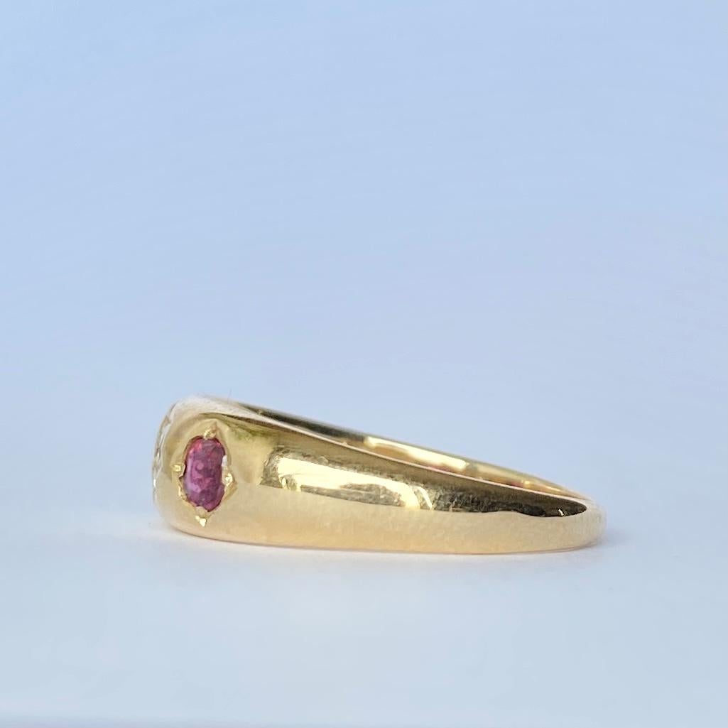 Victorian Edwardian Ruby and Diamond 18 Carat Gold Three-Stone Gypsy Ring