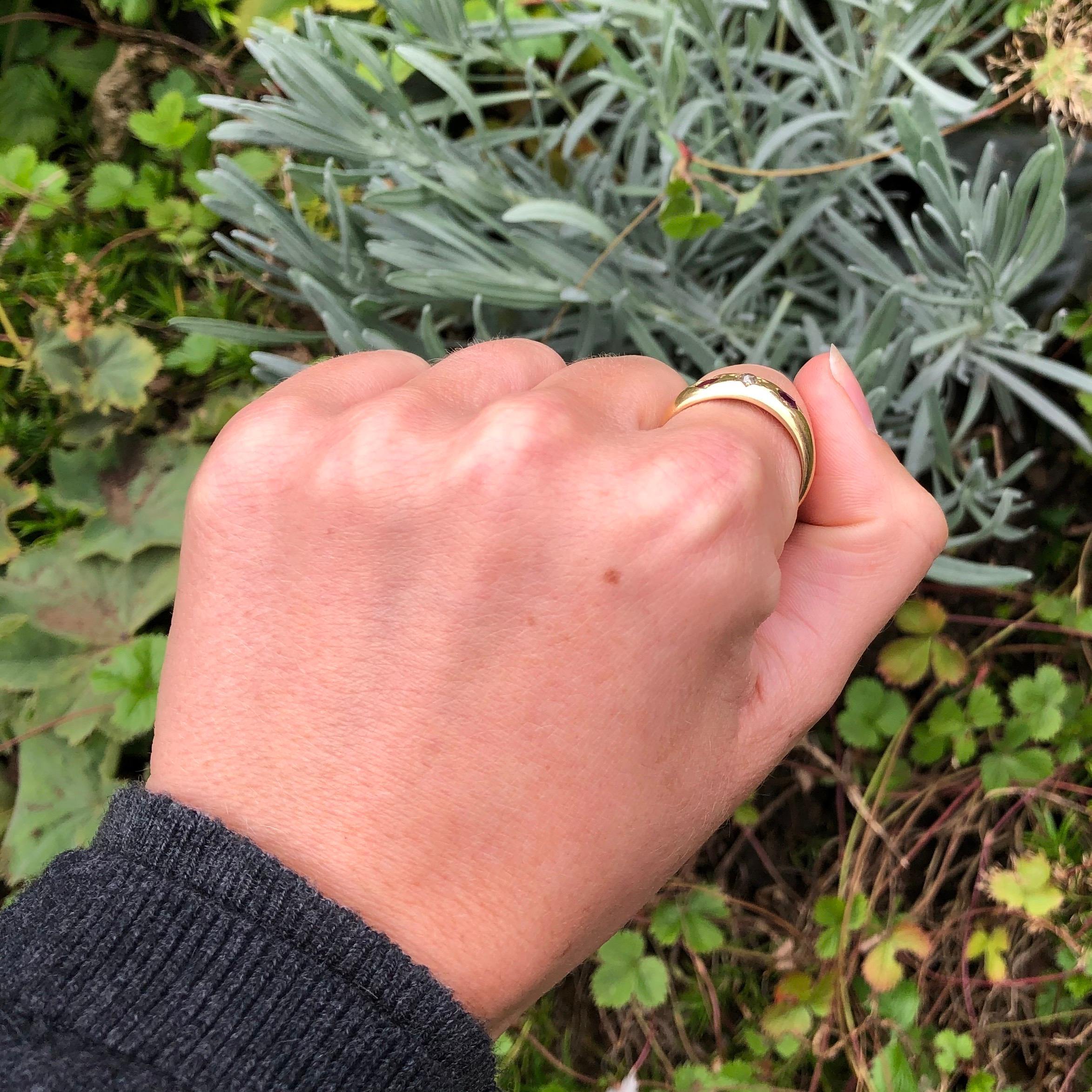 Edwardian Ruby and Diamond 18 Carat Gold Three-Stone Gypsy Ring 1