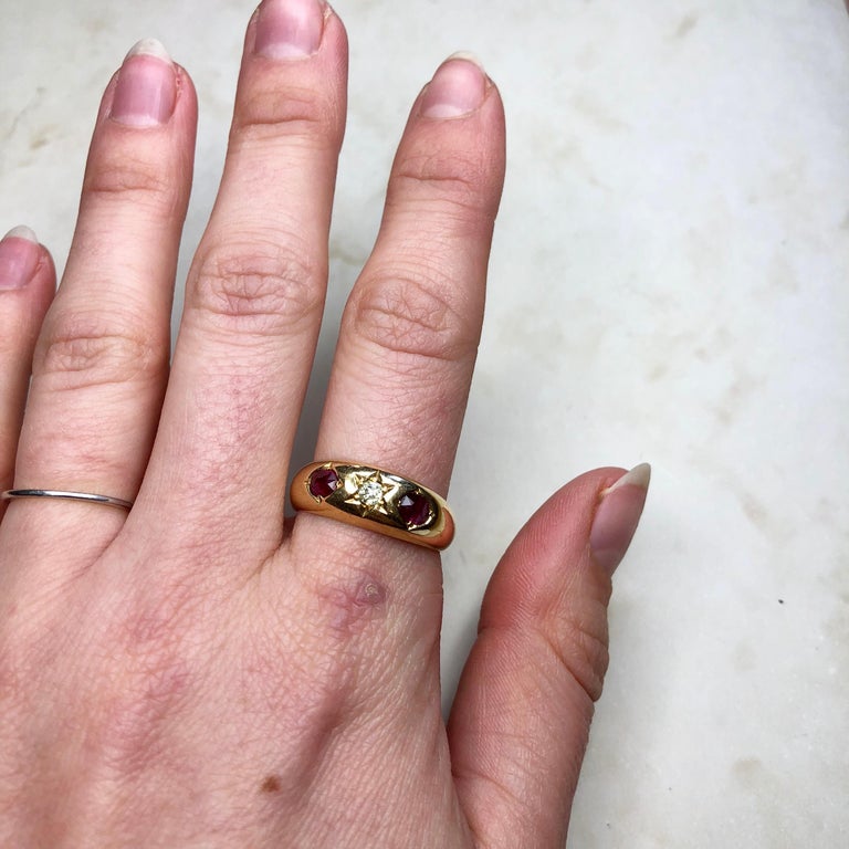 Edwardian Ruby and Diamond 18 Carat Gold Three-Stone Gypsy Ring 1