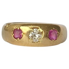 Antique Edwardian Ruby and Diamond 18 Carat Gold Three-Stone Gypsy Ring
