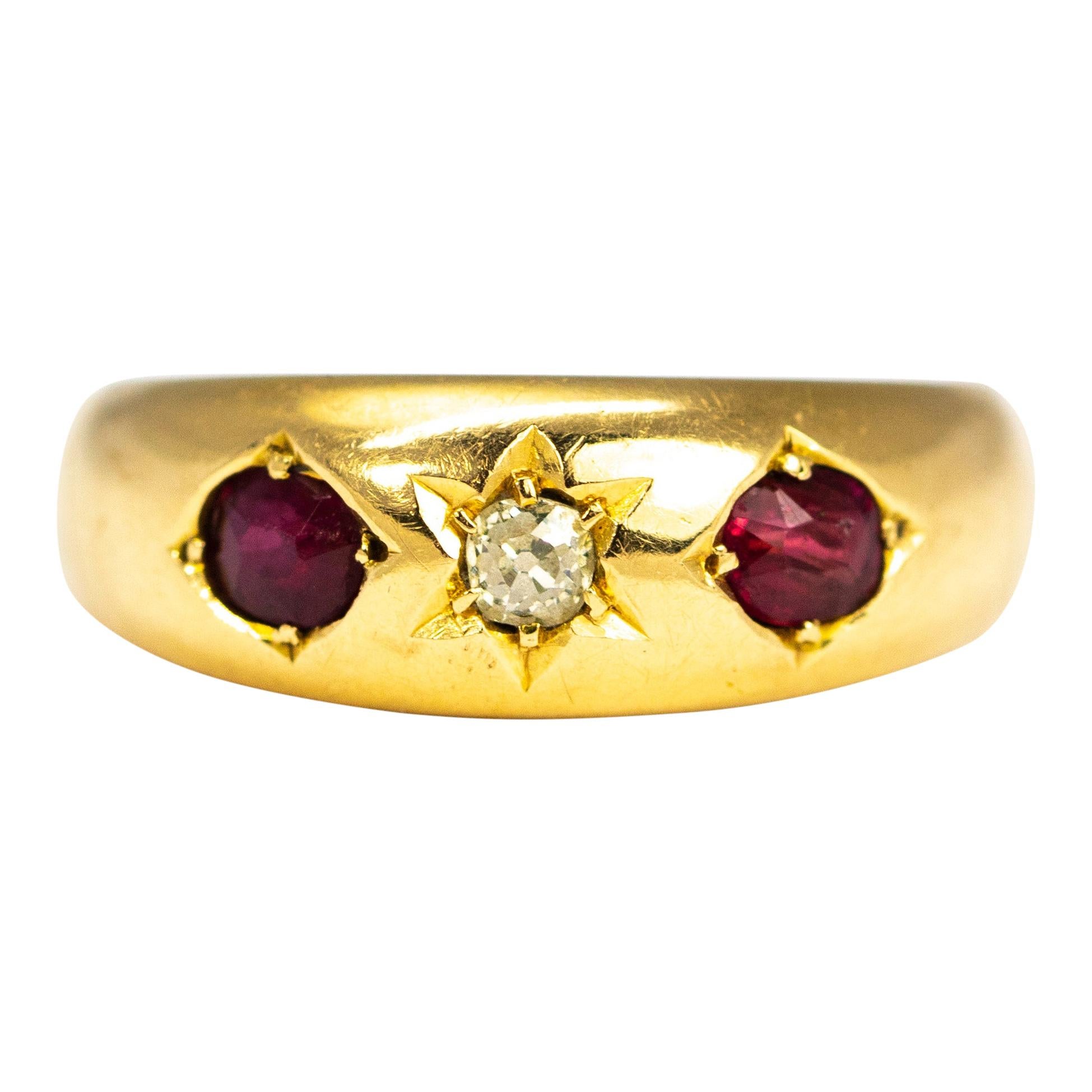 Edwardian Ruby and Diamond 18 Carat Gold Three-Stone Gypsy Ring