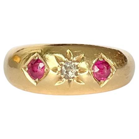 Edwardian Ruby and Diamond 18 Carat Gold Three-Stone Gypsy Ring