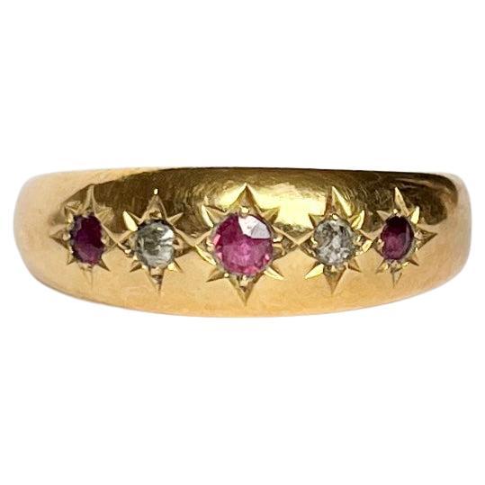 Edwardian Ruby and Diamond 18 Carat Gold Three-Stone Gypsy Ring