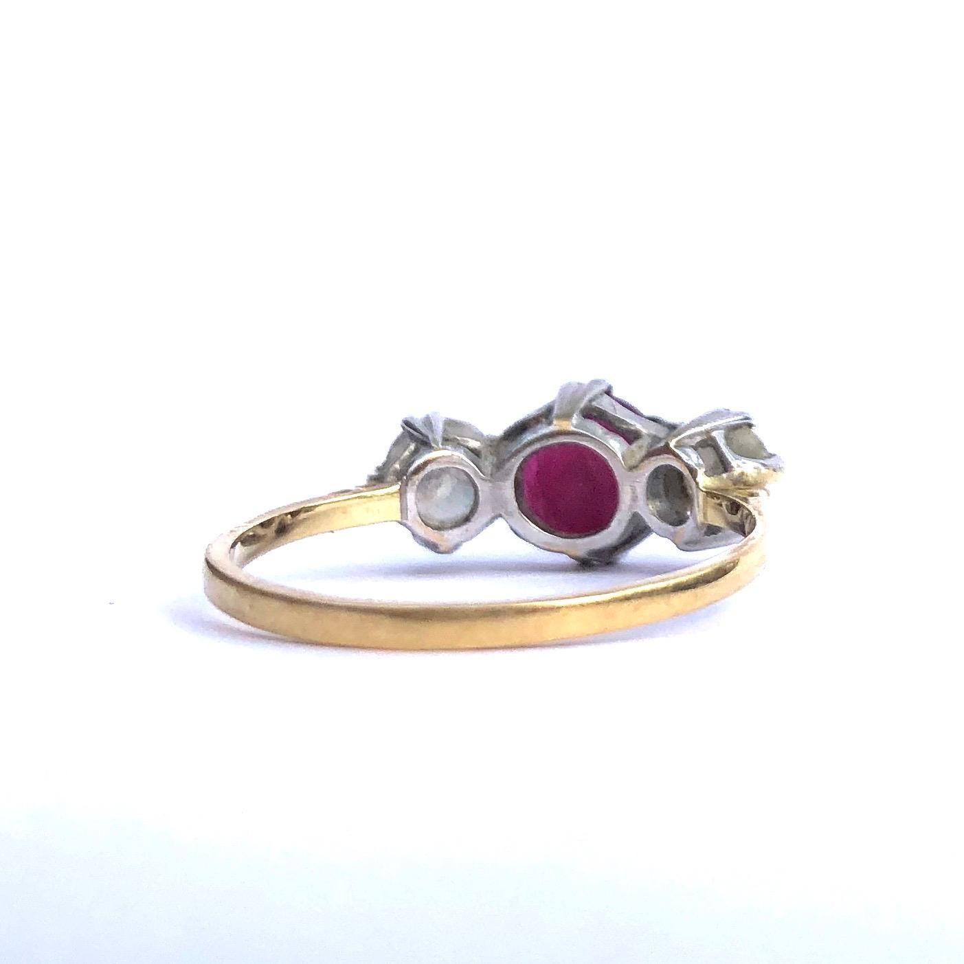 Round Cut Edwardian Ruby and Diamond 18 Carat Gold Three-Stone Ring
