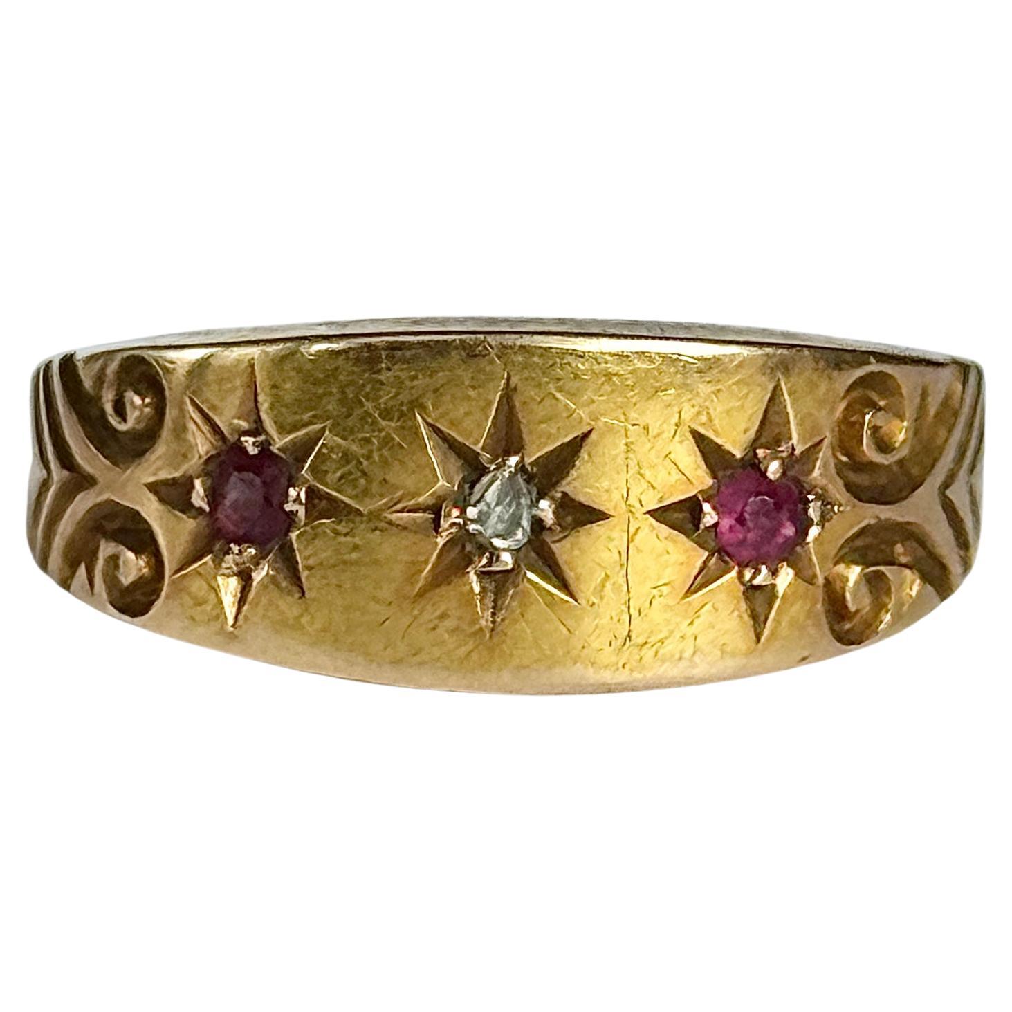 Edwardian Ruby and Diamond 18 Carat Gold Three-Stone Star Setting Ring For Sale