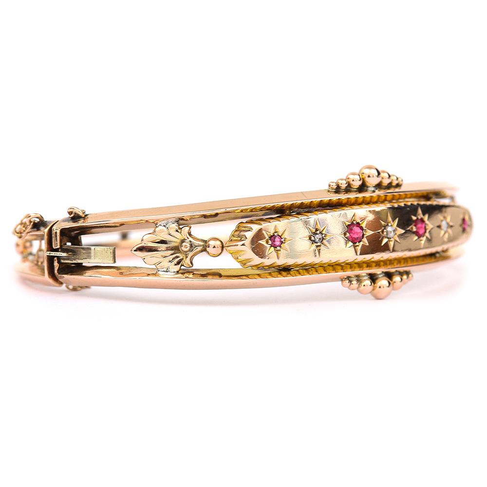 Round Cut Edwardian Ruby and Diamond Bangle 9 Karat Rose Gold, circa 1906