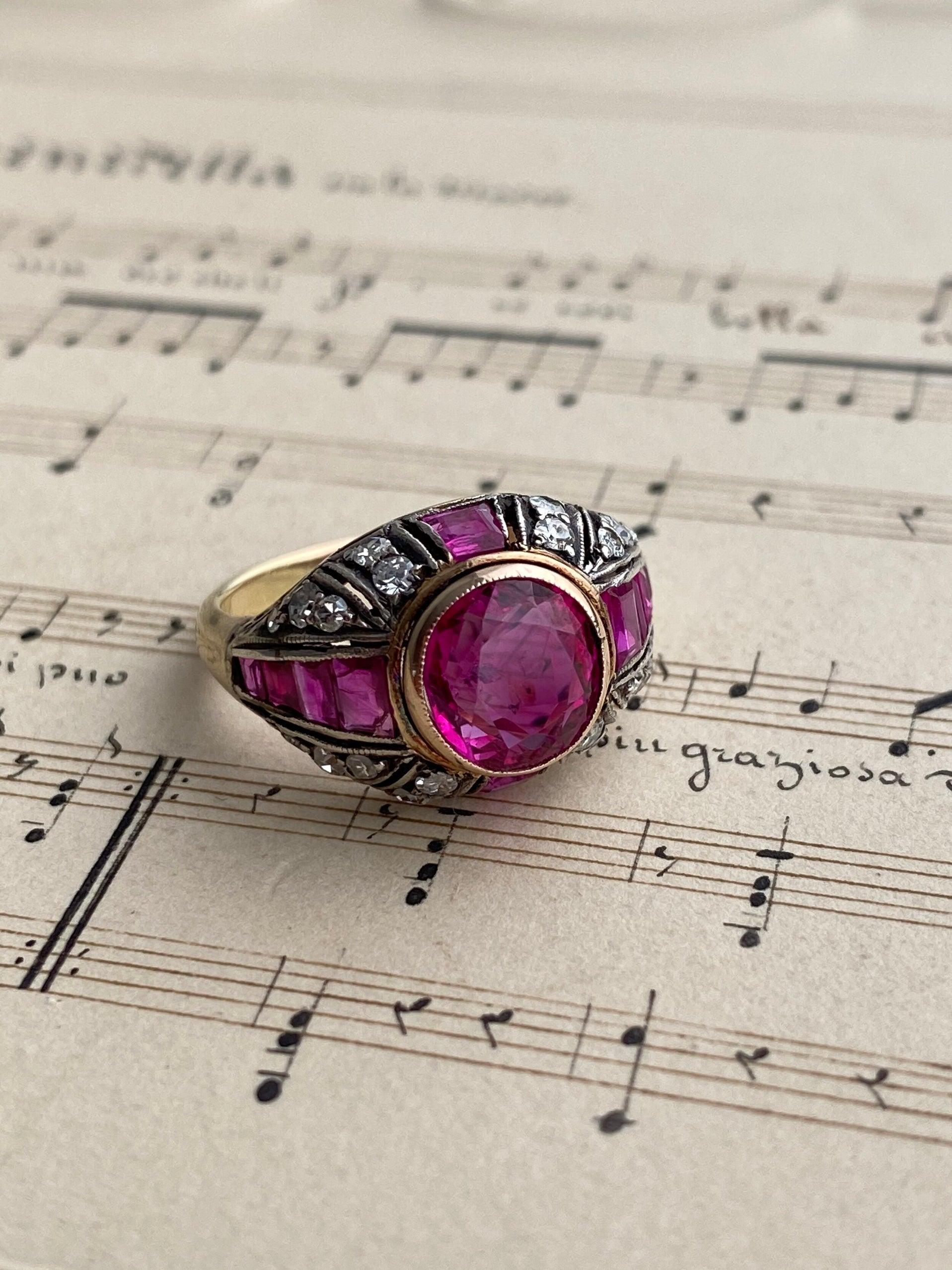 Edwardian Ruby and Diamond Bombe Ring - Burma No Heat In Good Condition For Sale In Hummelstown, PA