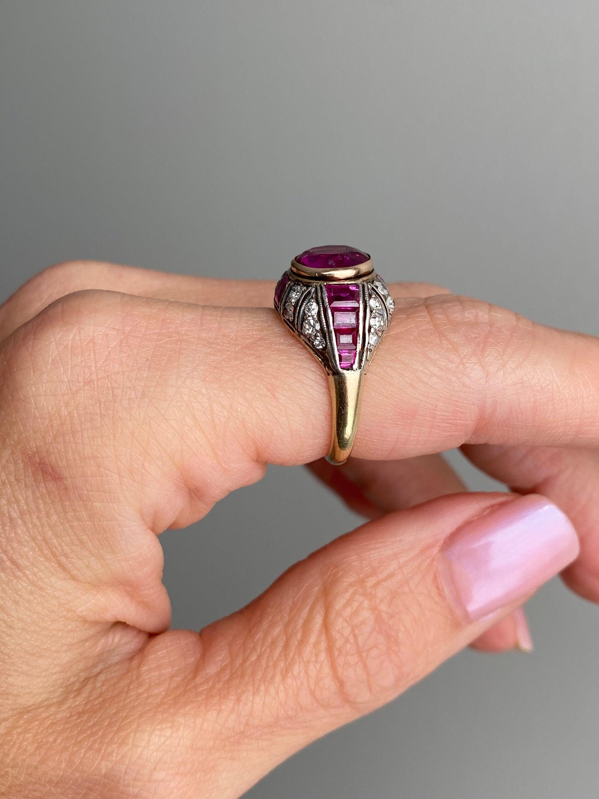 Women's or Men's Edwardian Ruby and Diamond Bombe Ring - Burma No Heat For Sale