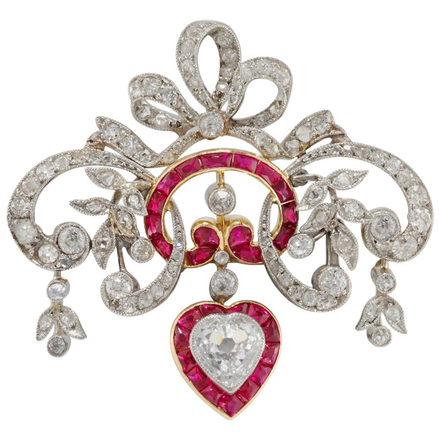 Pendentif broche édouardien en rubis et diamants