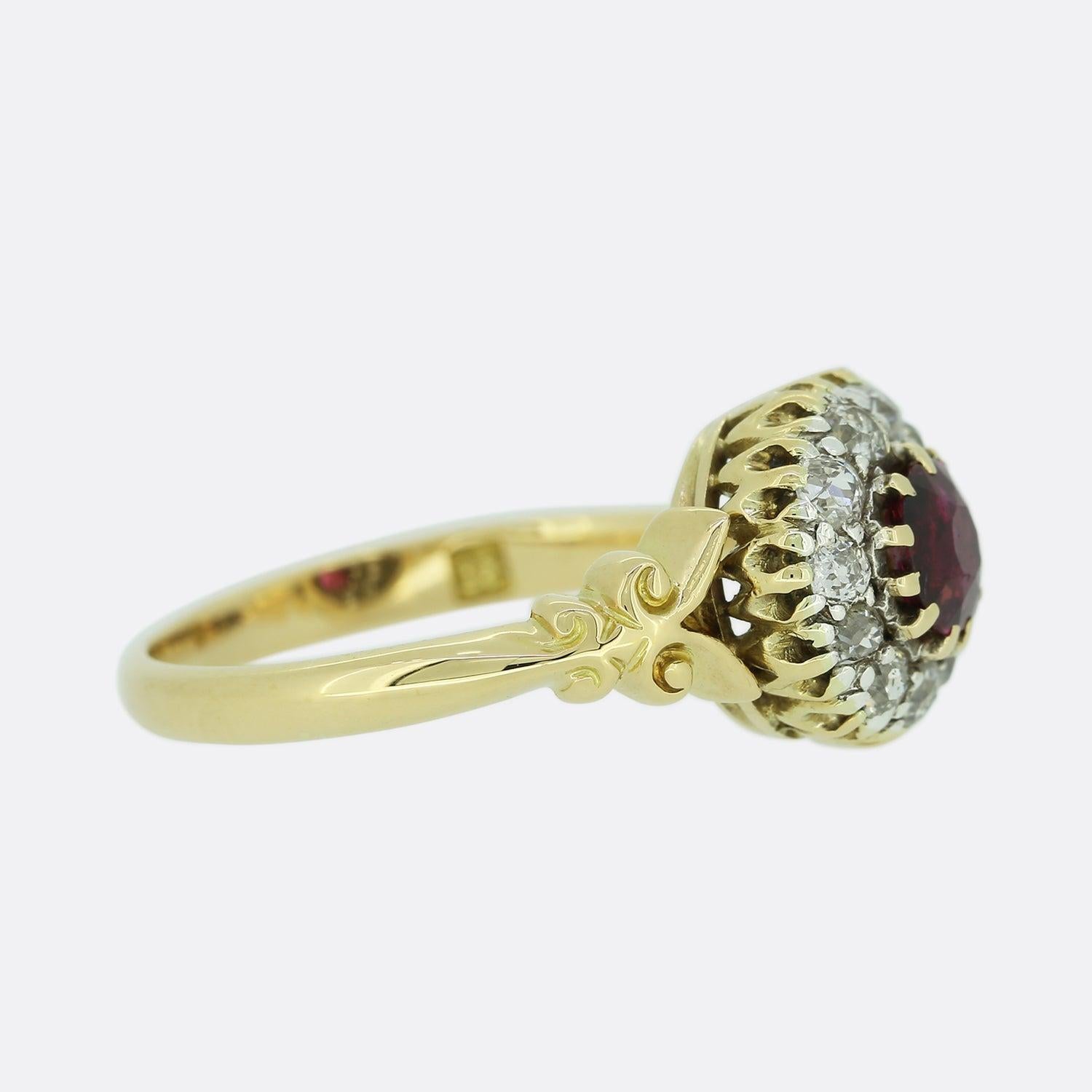 Round Cut Edwardian Ruby and Diamond Cluster Ring For Sale